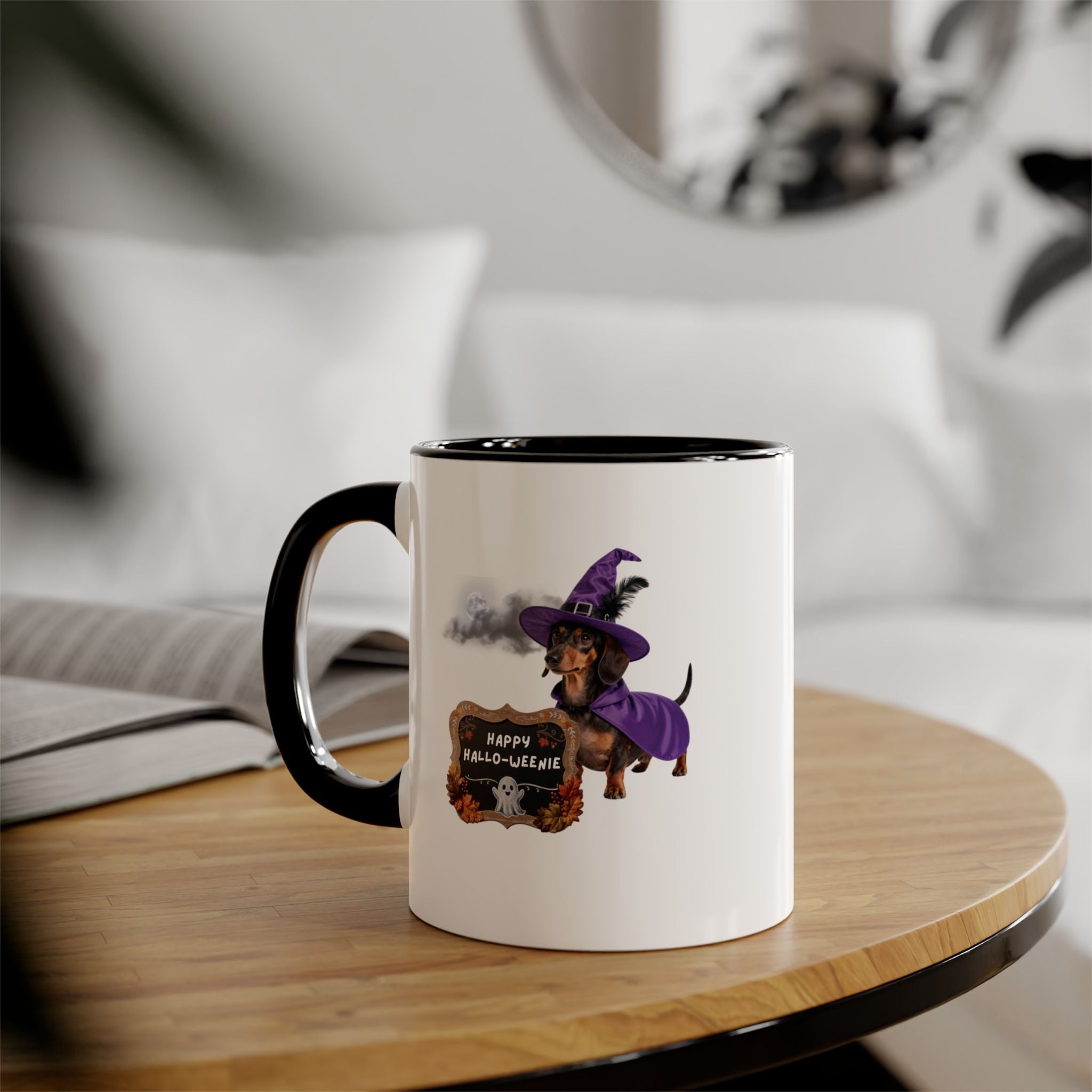 Happy Hallo-Weenie Dachshund Mug — Halloween Witch Dog Accent Coffee Cup, 11oz