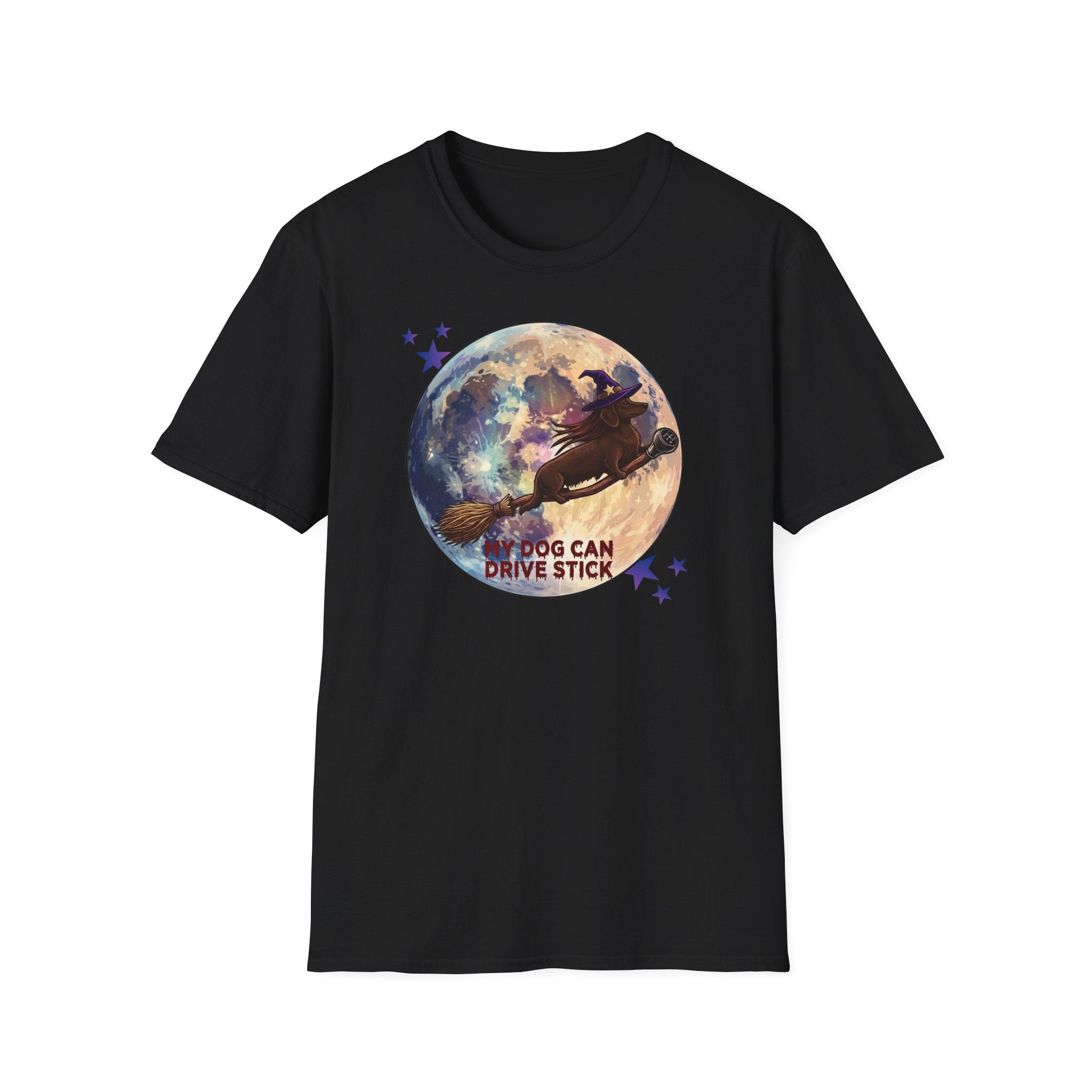 Daschund on Broom Vintage Moon T-Shirt — "My Dog Can Drive Stick"