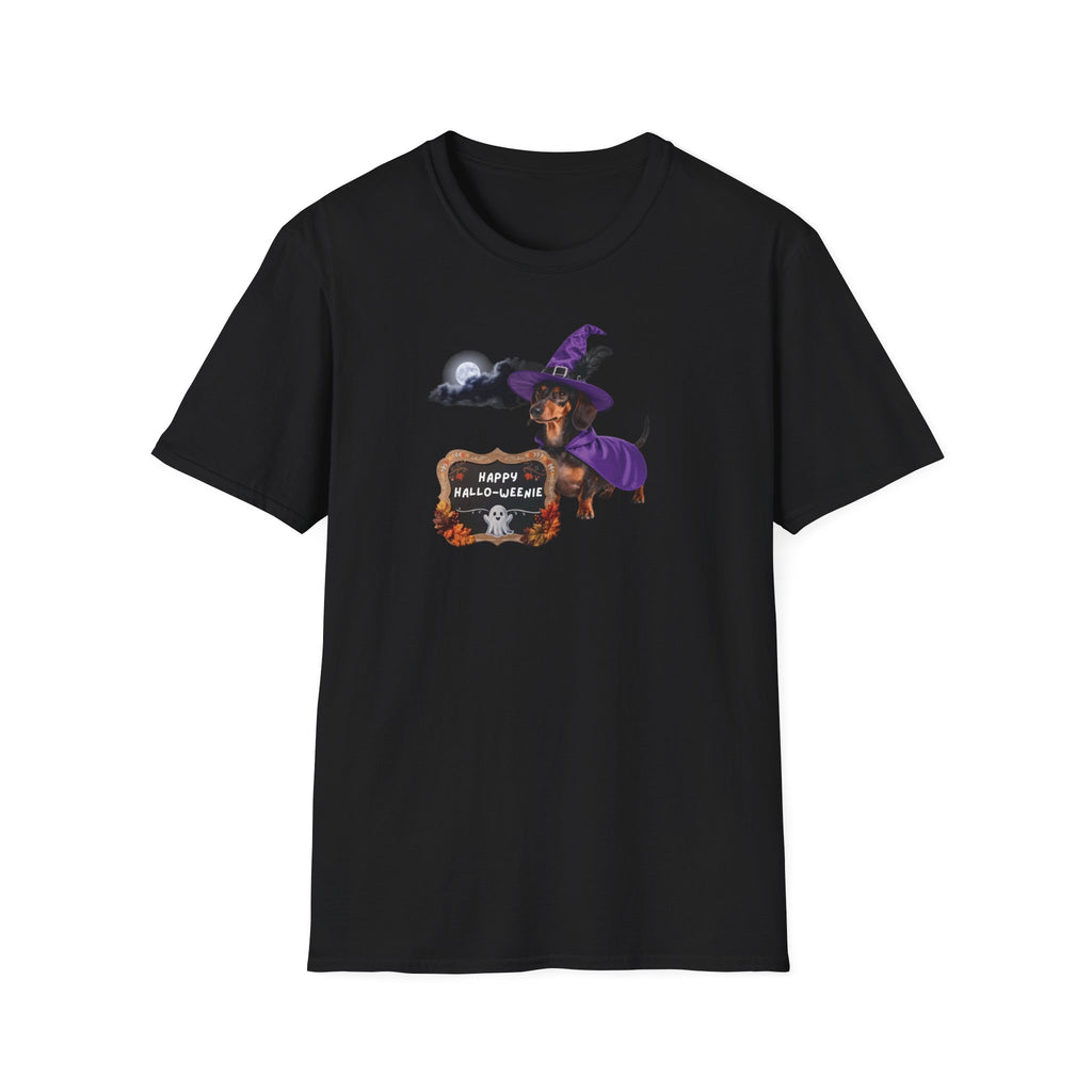 Halloween Dachshund T‑Shirt — "Happy Hallo-weenie" Witch Dog Tee