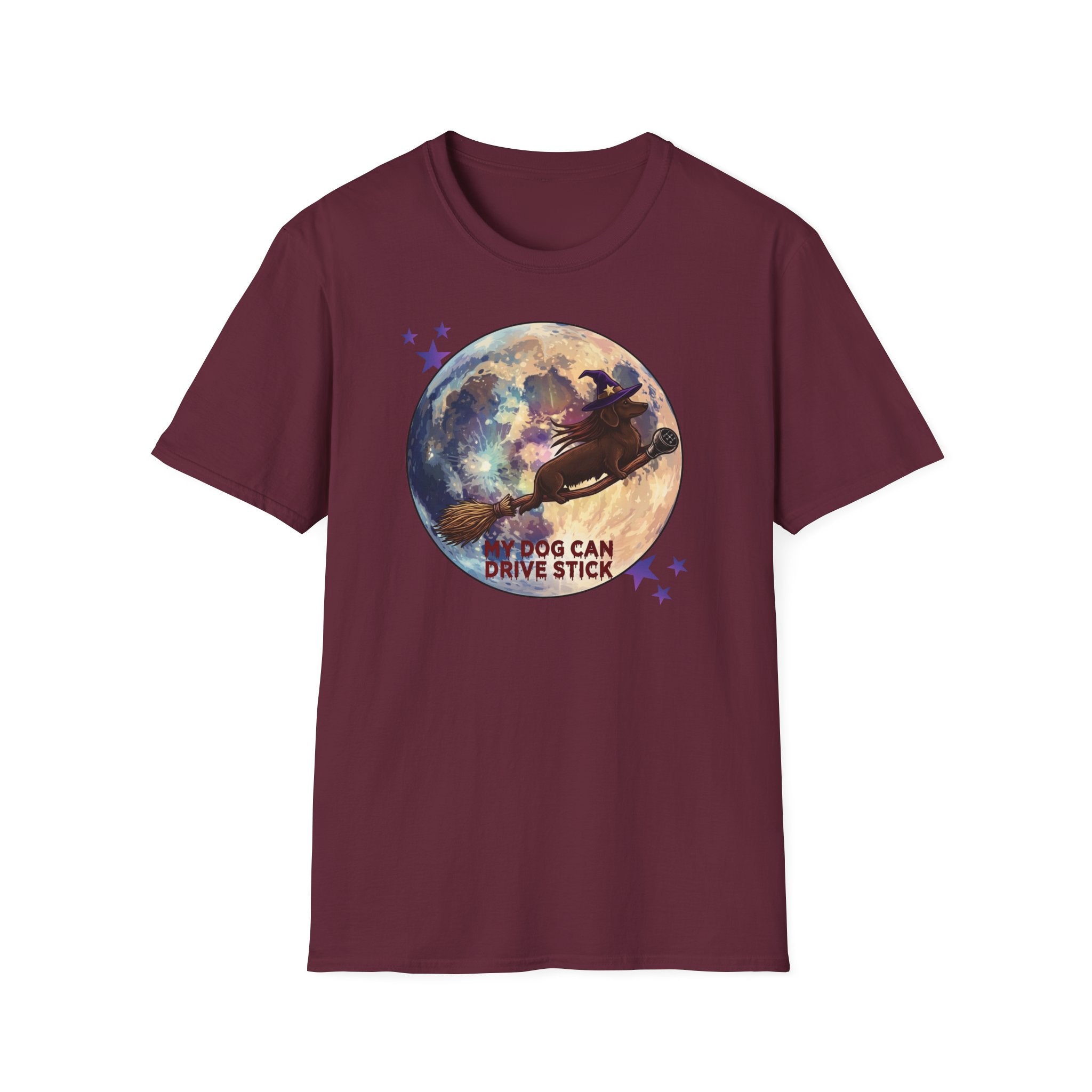 Daschund on Broom Vintage Moon T-Shirt — "My Dog Can Drive Stick"