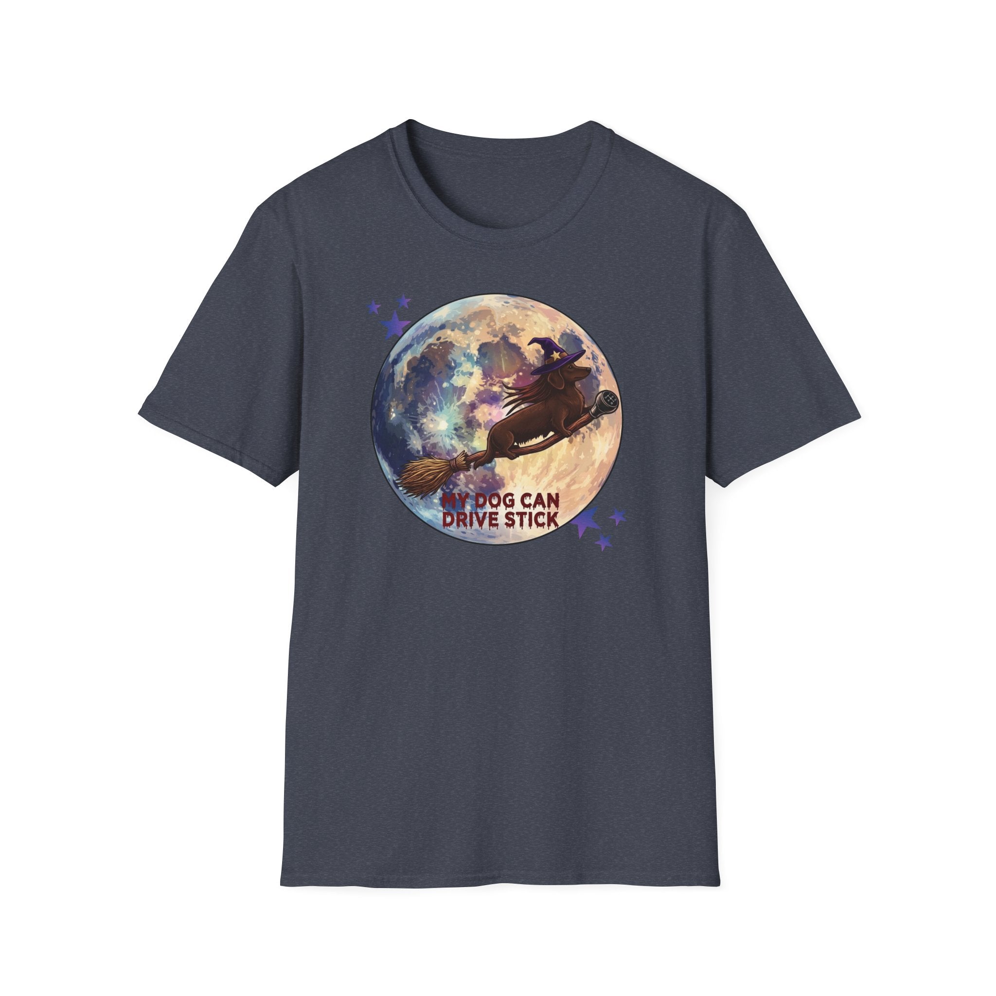 Daschund on Broom Vintage Moon T-Shirt — "My Dog Can Drive Stick"