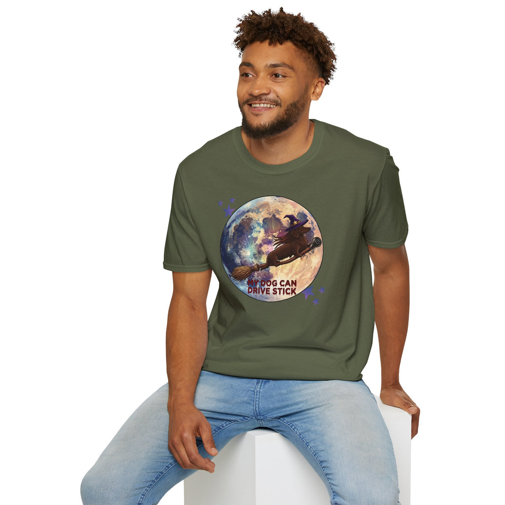 Daschund on Broom Vintage Moon T-Shirt — "My Dog Can Drive Stick"