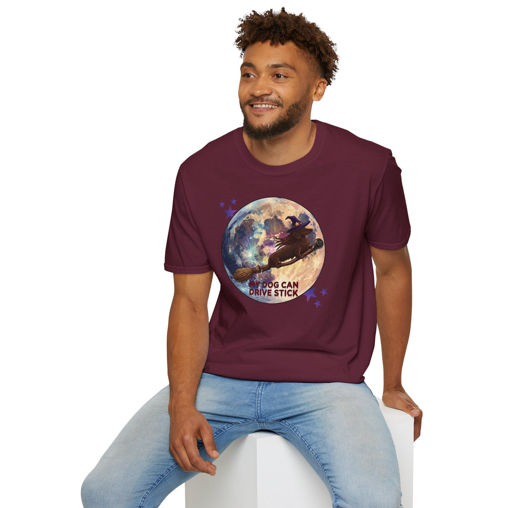 Daschund on Broom Vintage Moon T-Shirt — "My Dog Can Drive Stick"