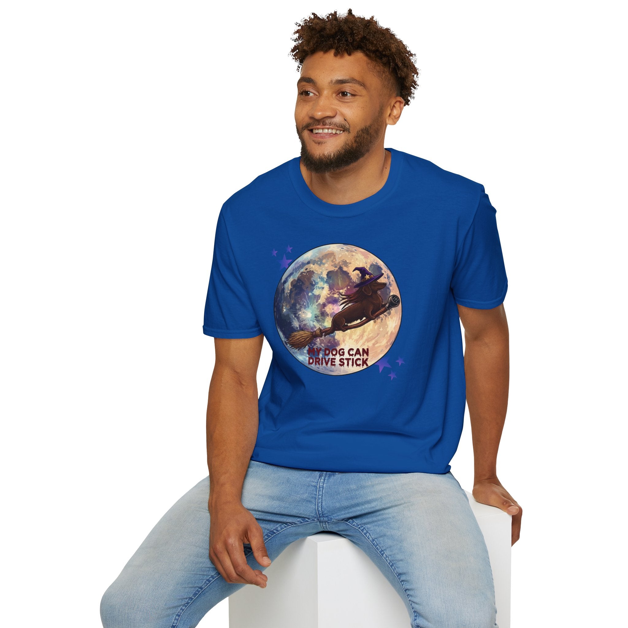 Daschund on Broom Vintage Moon T-Shirt — "My Dog Can Drive Stick"