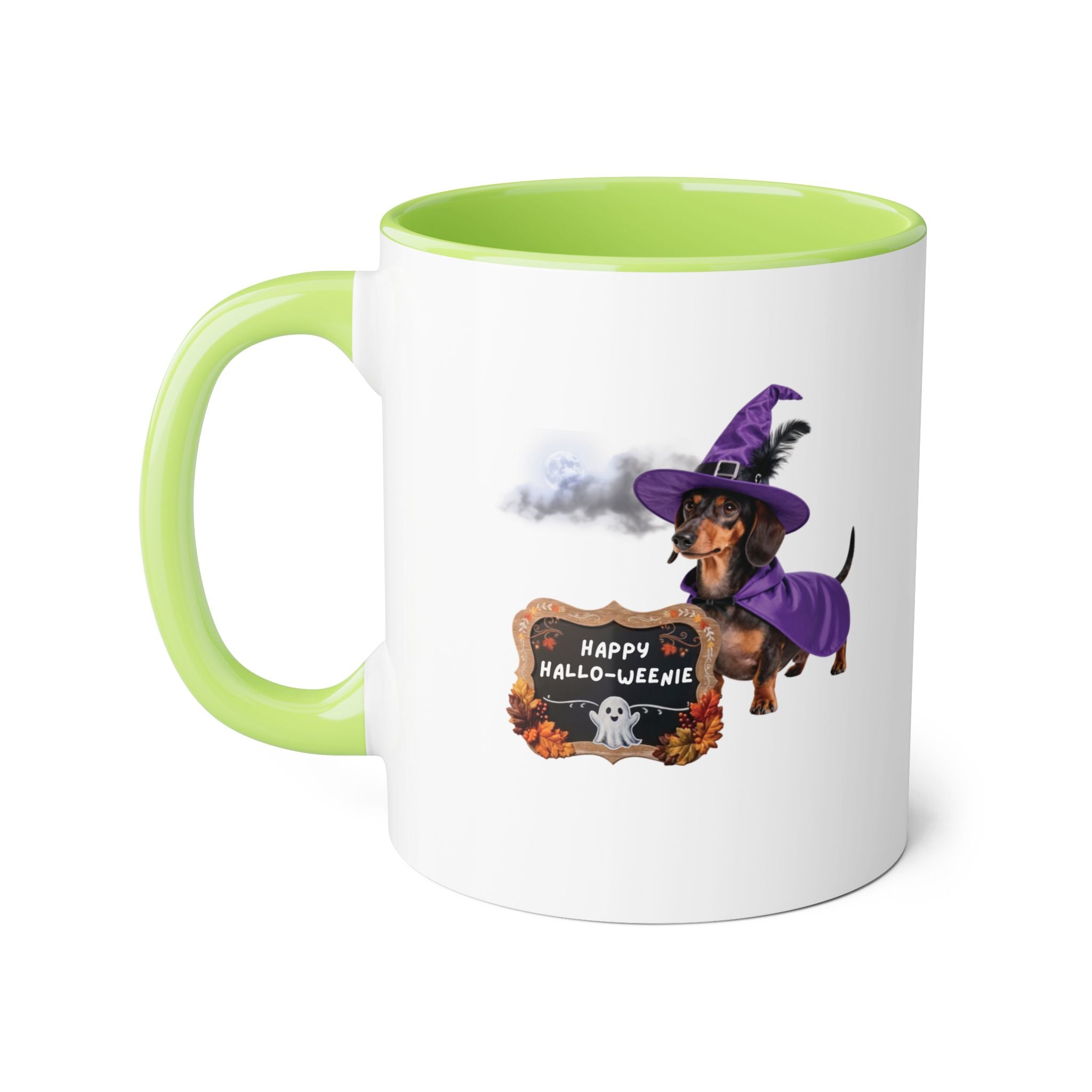 Happy Hallo-Weenie Dachshund Mug — Halloween Witch Dog Accent Coffee Cup, 11oz
