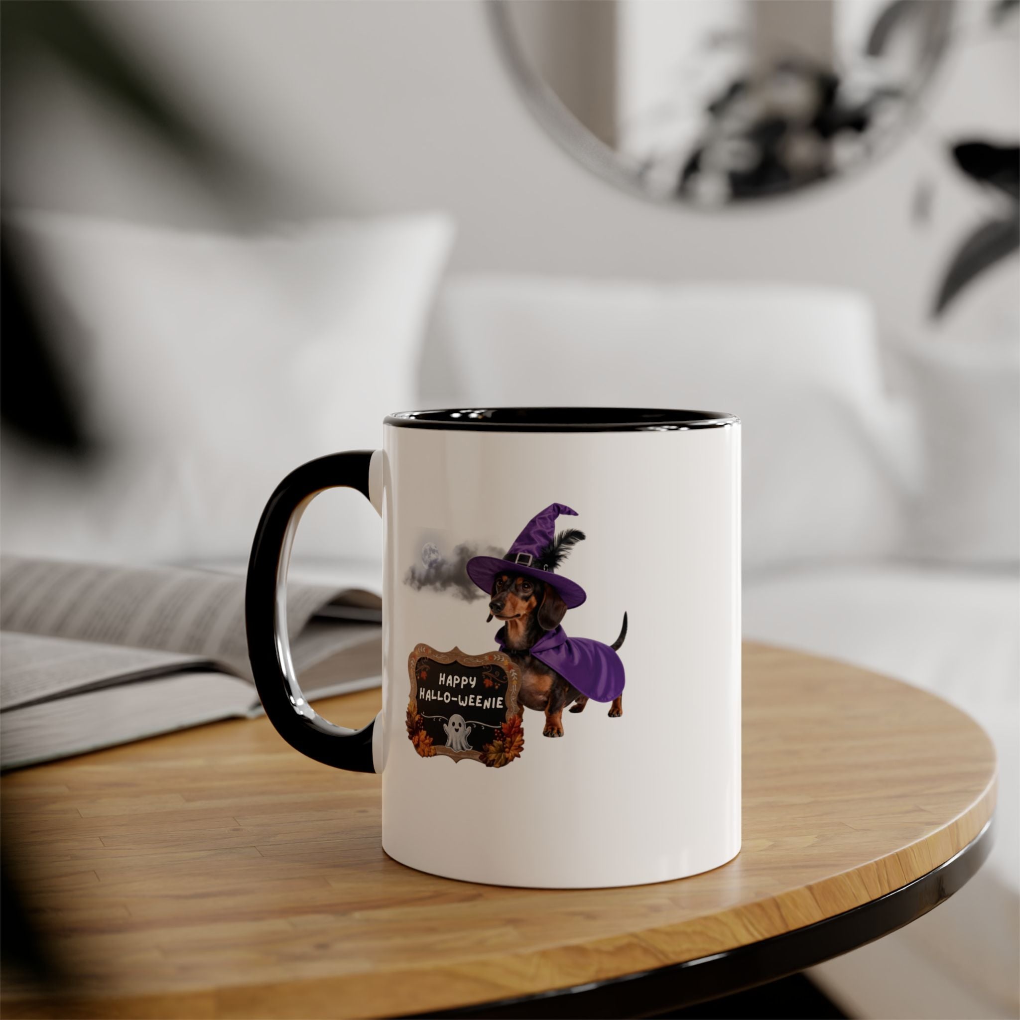 Happy Hallo-Weenie Dachshund Mug — Halloween Witch Dog Accent Coffee Cup, 11oz