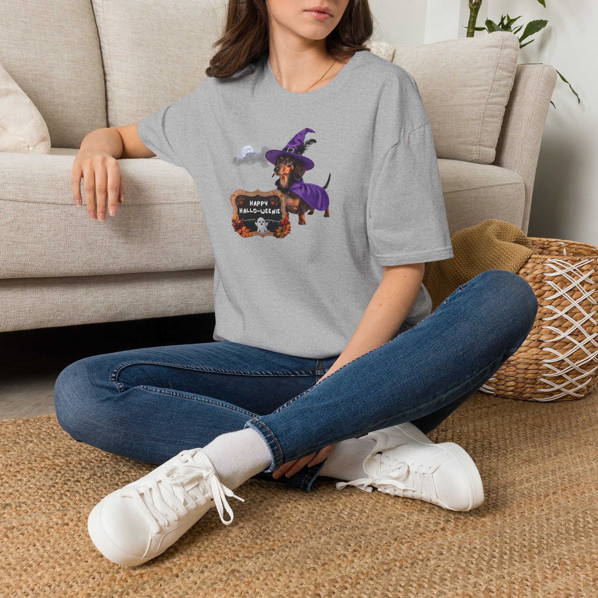 Halloween Dachshund T‑Shirt — "Happy Hallo-weenie" Witch Dog Tee