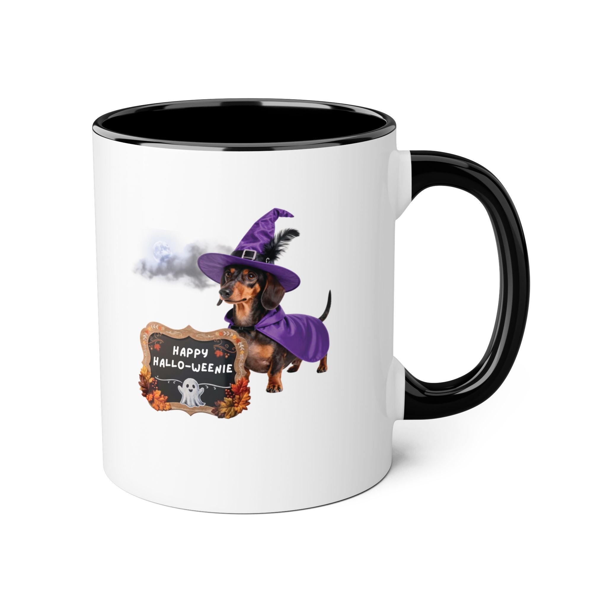Happy Hallo-Weenie Dachshund Mug — Halloween Witch Dog Accent Coffee Cup, 11oz