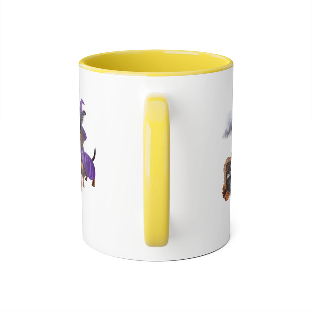 Happy Hallo-Weenie Dachshund Mug — Halloween Witch Dog Accent Coffee Cup, 11oz