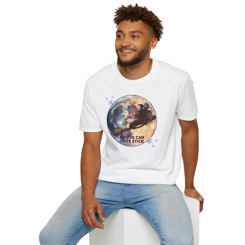 Daschund on Broom Vintage Moon T-Shirt — "My Dog Can Drive Stick"