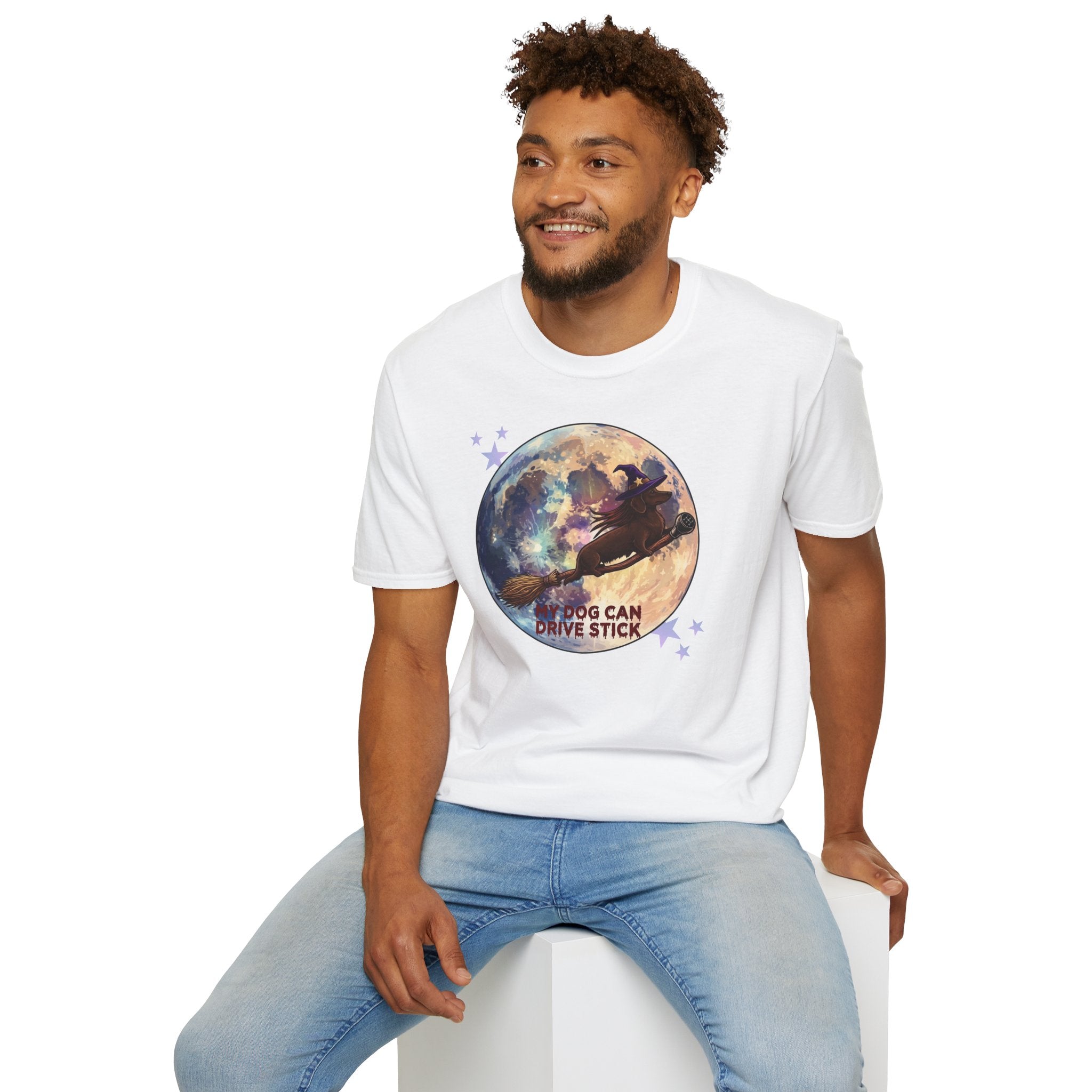 Daschund on Broom Vintage Moon T-Shirt — "My Dog Can Drive Stick"