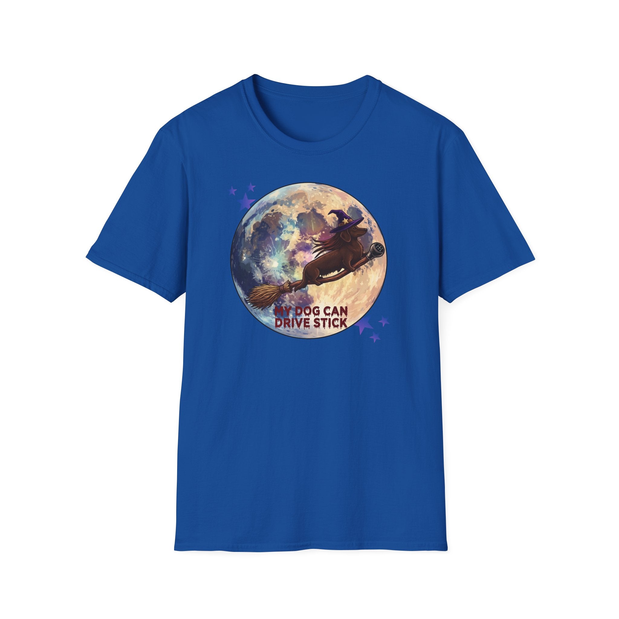 Daschund on Broom Vintage Moon T-Shirt — "My Dog Can Drive Stick"