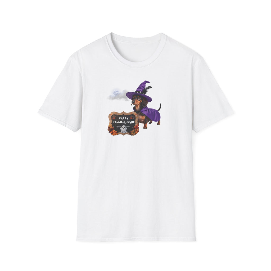 Halloween Dachshund T‑Shirt — "Happy Hallo-weenie" Witch Dog Tee