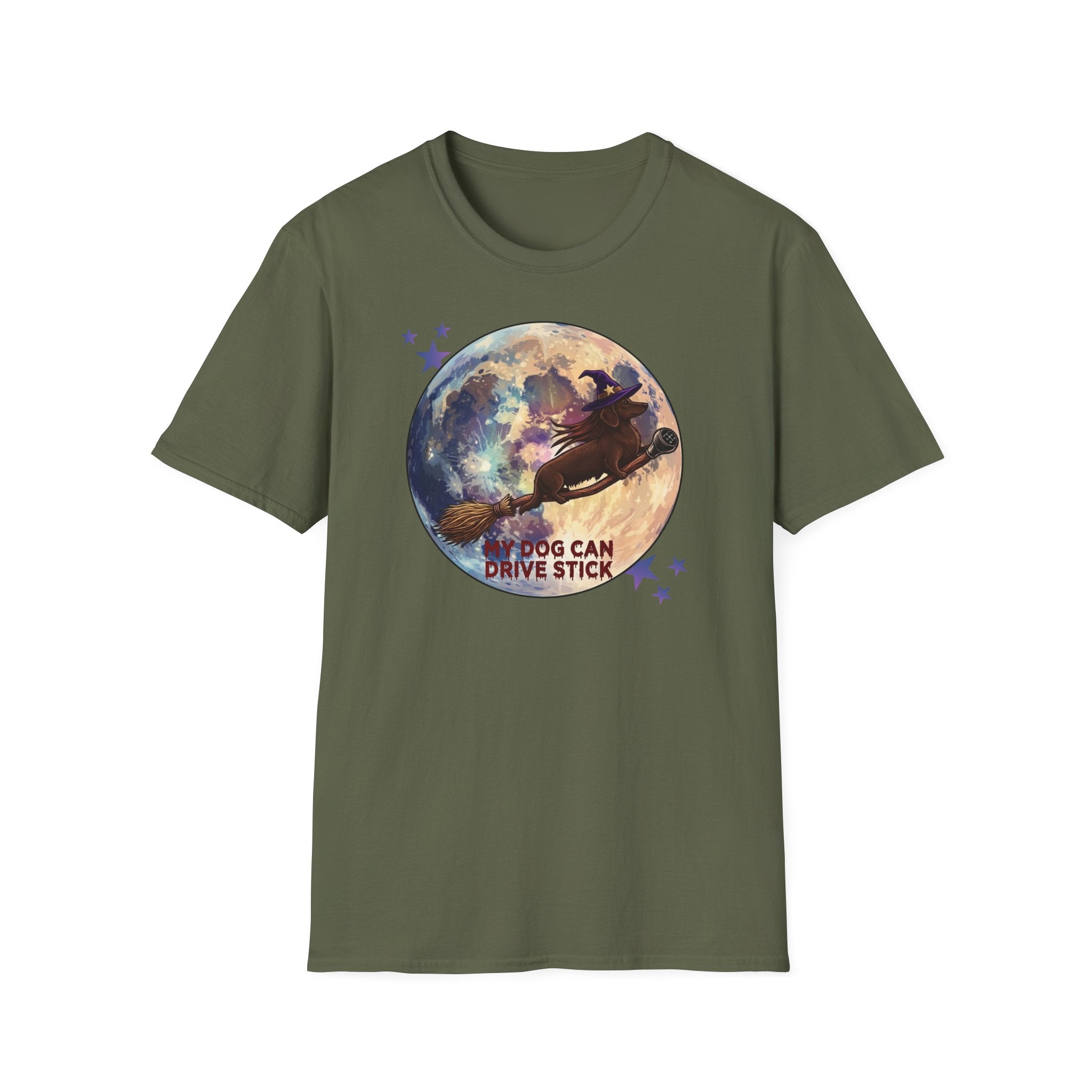 Daschund on Broom Vintage Moon T-Shirt — "My Dog Can Drive Stick"