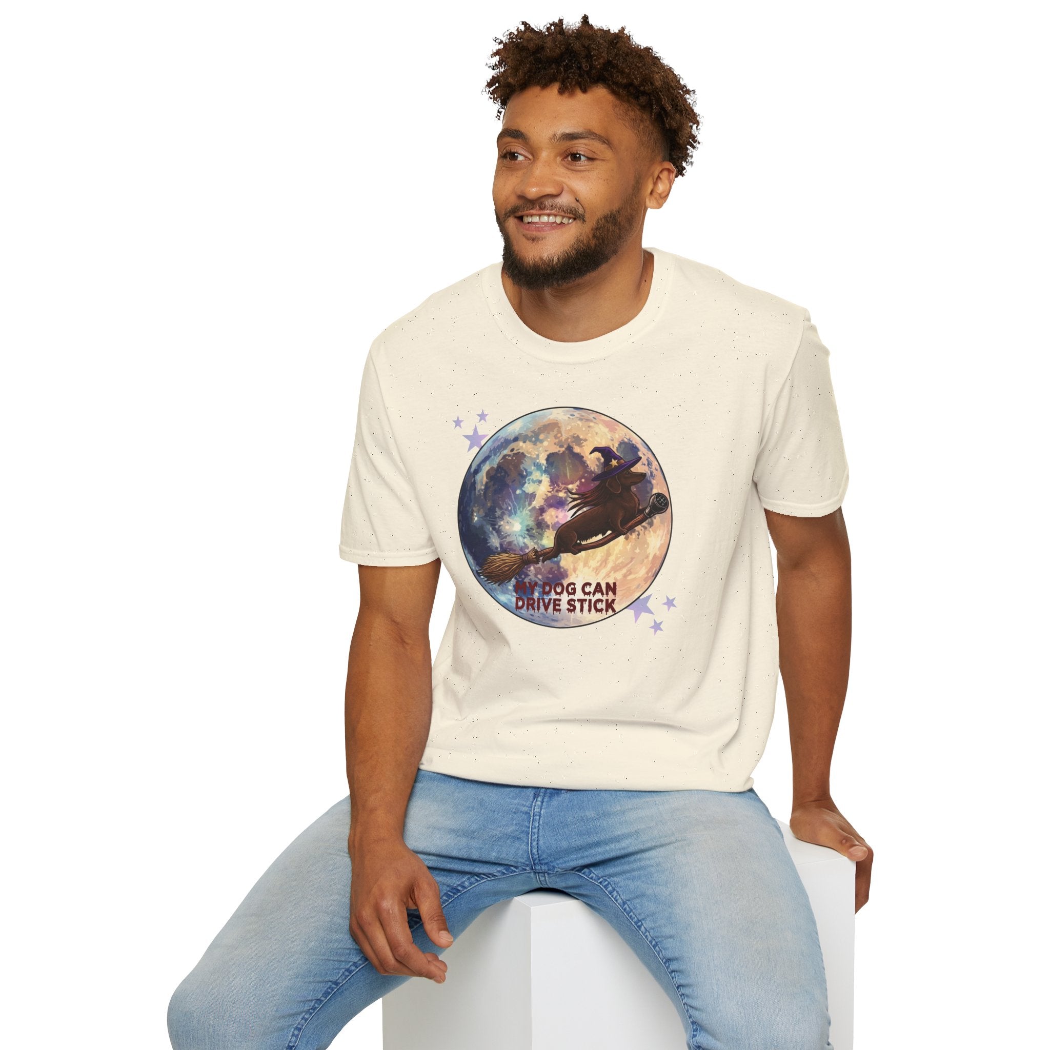 Daschund on Broom Vintage Moon T-Shirt — "My Dog Can Drive Stick"