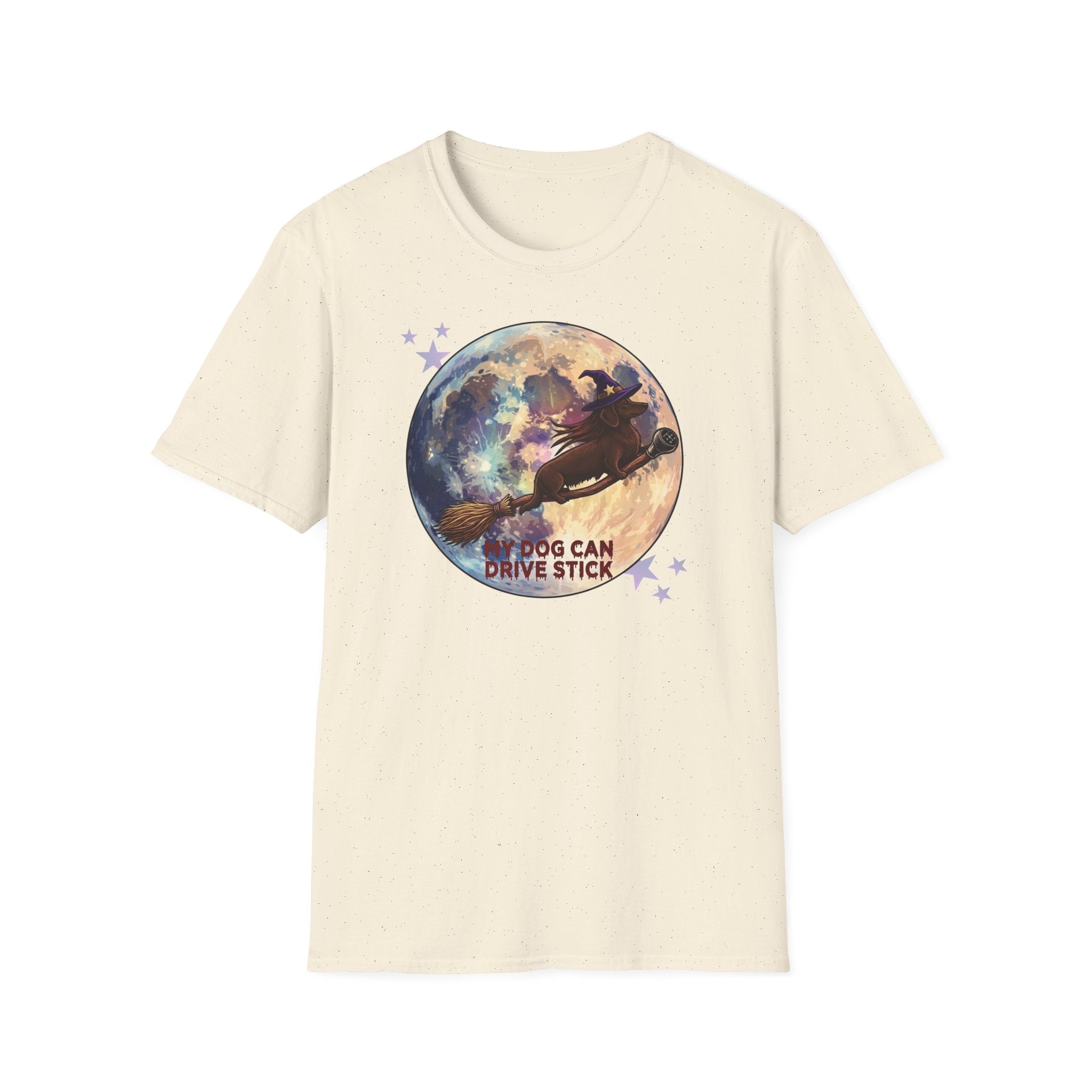 Daschund on Broom Vintage Moon T-Shirt — "My Dog Can Drive Stick"