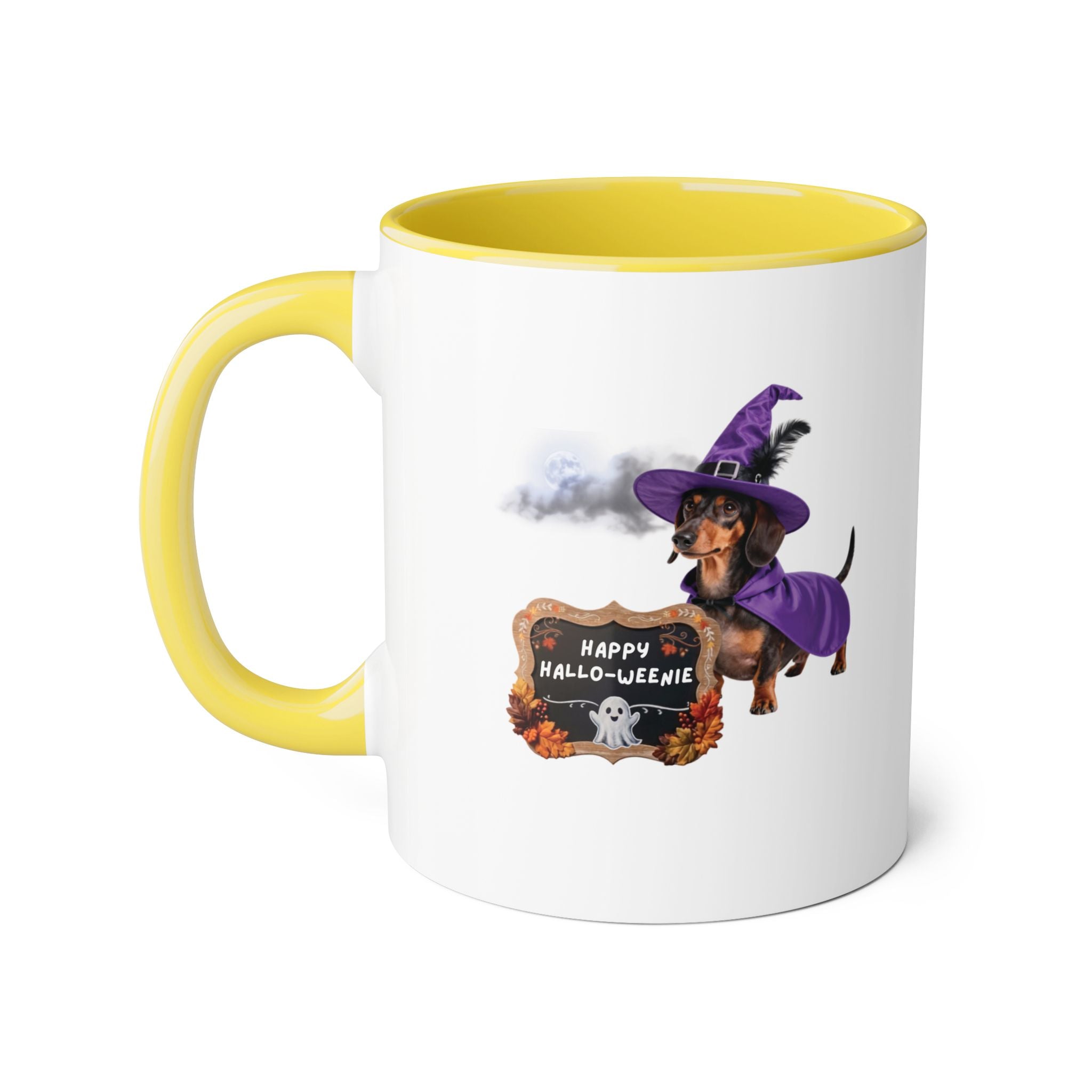 Happy Hallo-Weenie Dachshund Mug — Halloween Witch Dog Accent Coffee Cup, 11oz