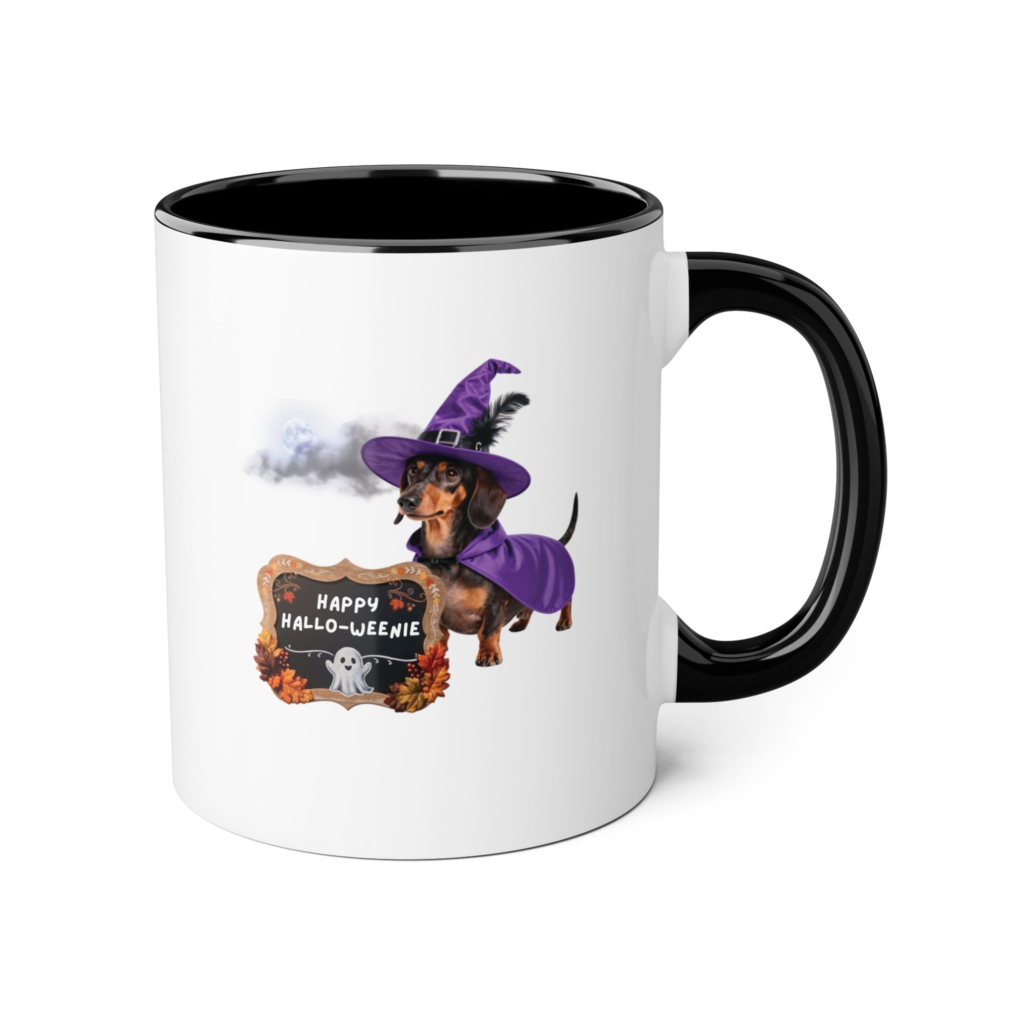 Happy Hallo-Weenie Dachshund Mug — Halloween Witch Dog Accent Coffee Cup, 11oz