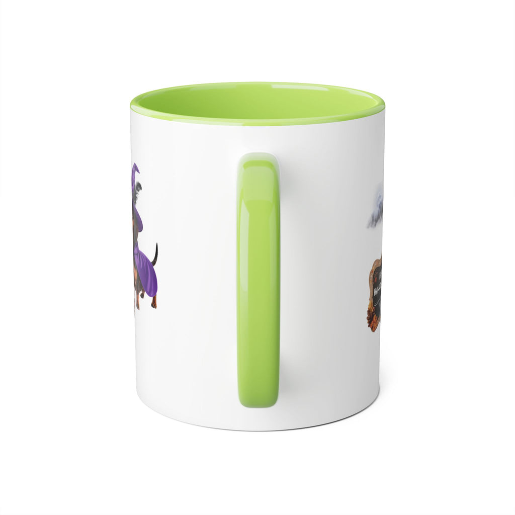 Happy Hallo-Weenie Dachshund Mug — Halloween Witch Dog Accent Coffee Cup, 11oz