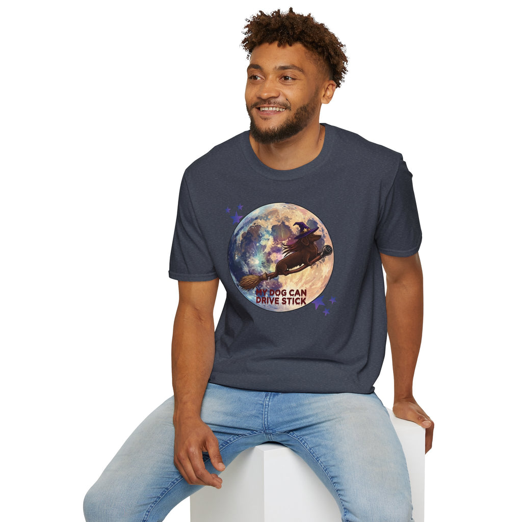 Daschund on Broom Vintage Moon T-Shirt — "My Dog Can Drive Stick"