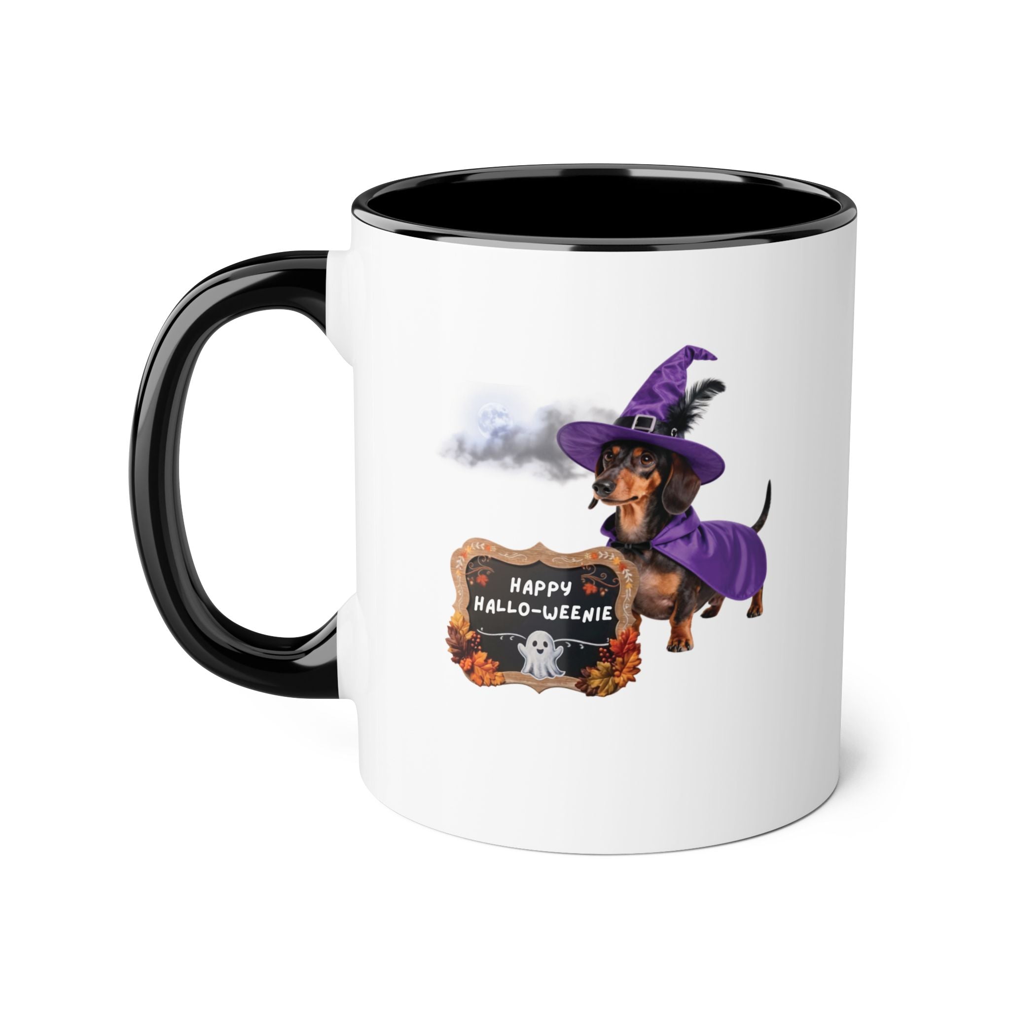 Happy Hallo-Weenie Dachshund Mug — Halloween Witch Dog Accent Coffee Cup, 11oz