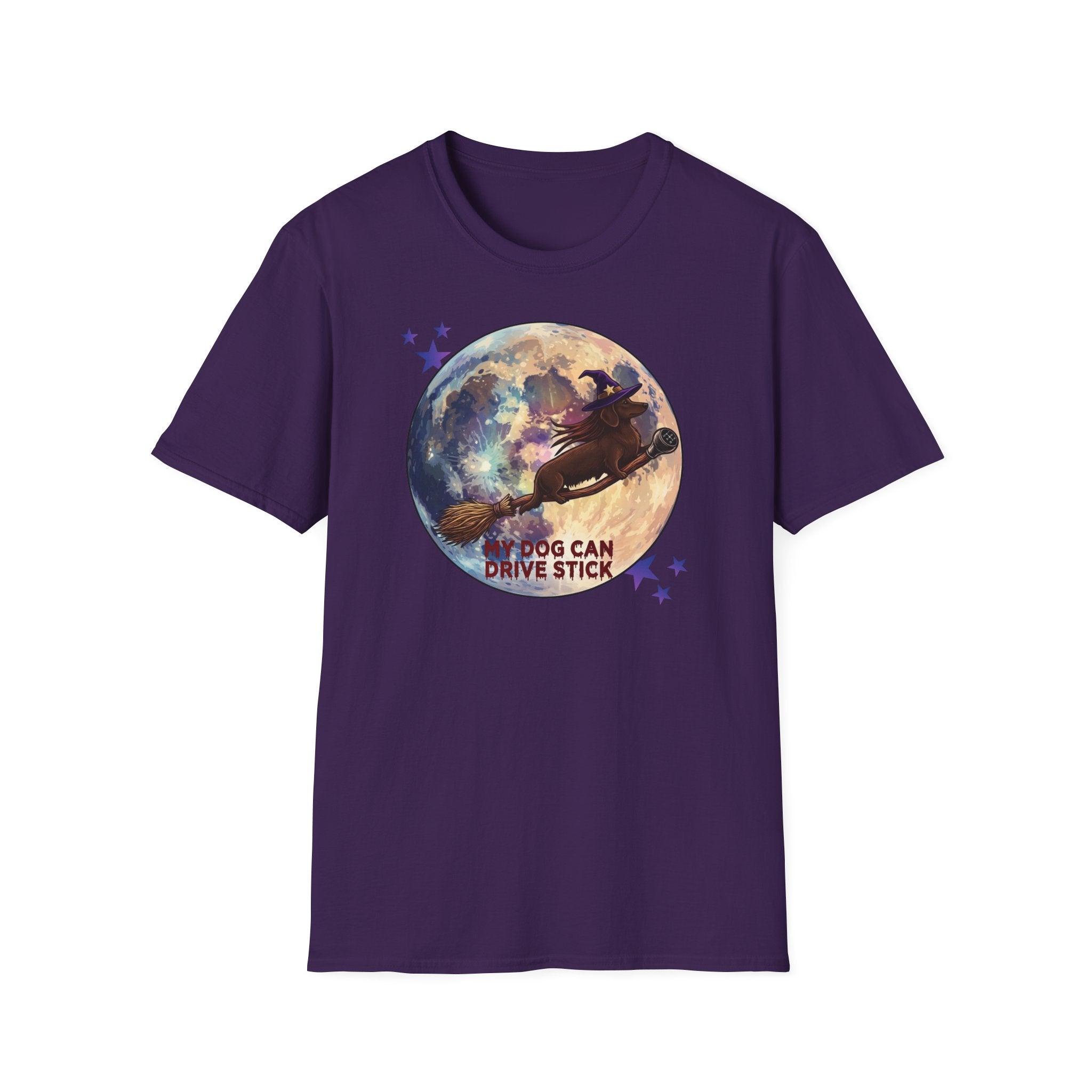 Daschund on Broom Vintage Moon T-Shirt — "My Dog Can Drive Stick"