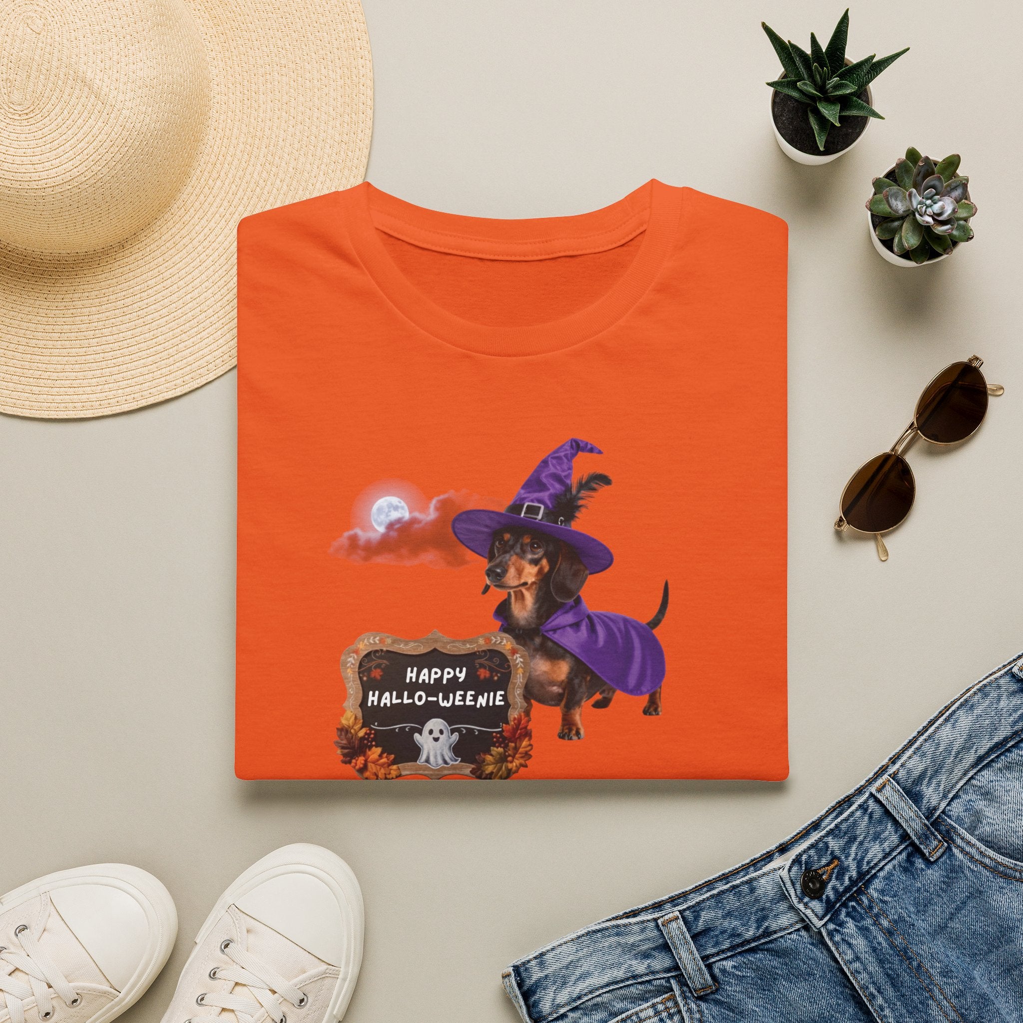 Halloween Dachshund T‑Shirt — "Happy Hallo-weenie" Witch Dog Tee
