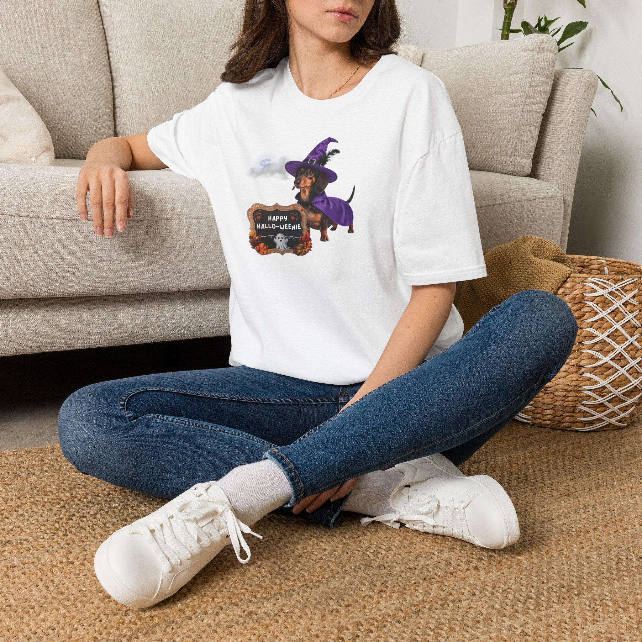 Halloween Dachshund T‑Shirt — "Happy Hallo-weenie" Witch Dog Tee
