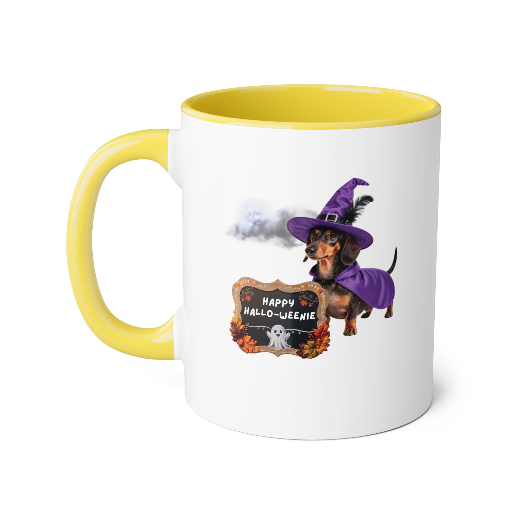 Happy Hallo-Weenie Dachshund Mug — Halloween Witch Dog Accent Coffee Cup, 11oz