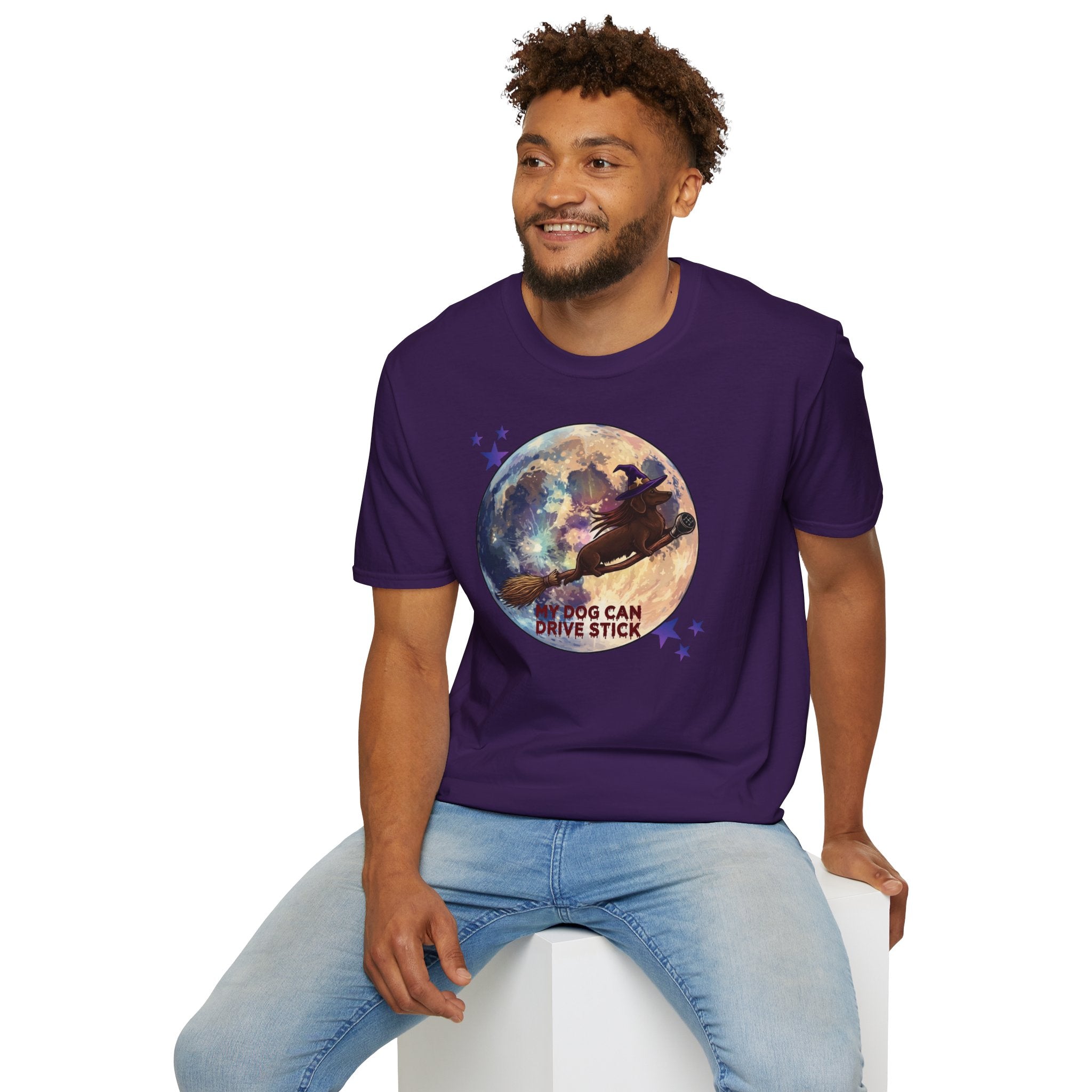 Daschund on Broom Vintage Moon T-Shirt — "My Dog Can Drive Stick"