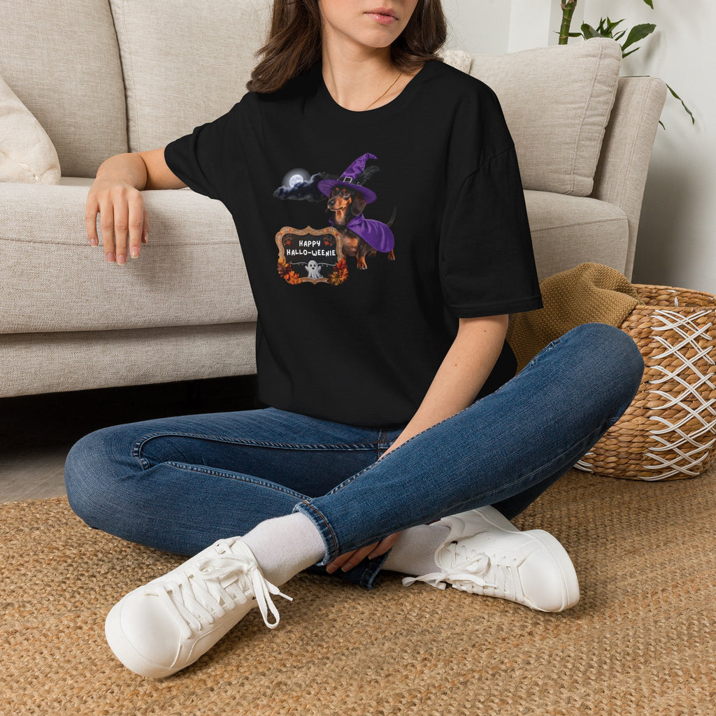 Halloween Dachshund T‑Shirt — "Happy Hallo-weenie" Witch Dog Tee