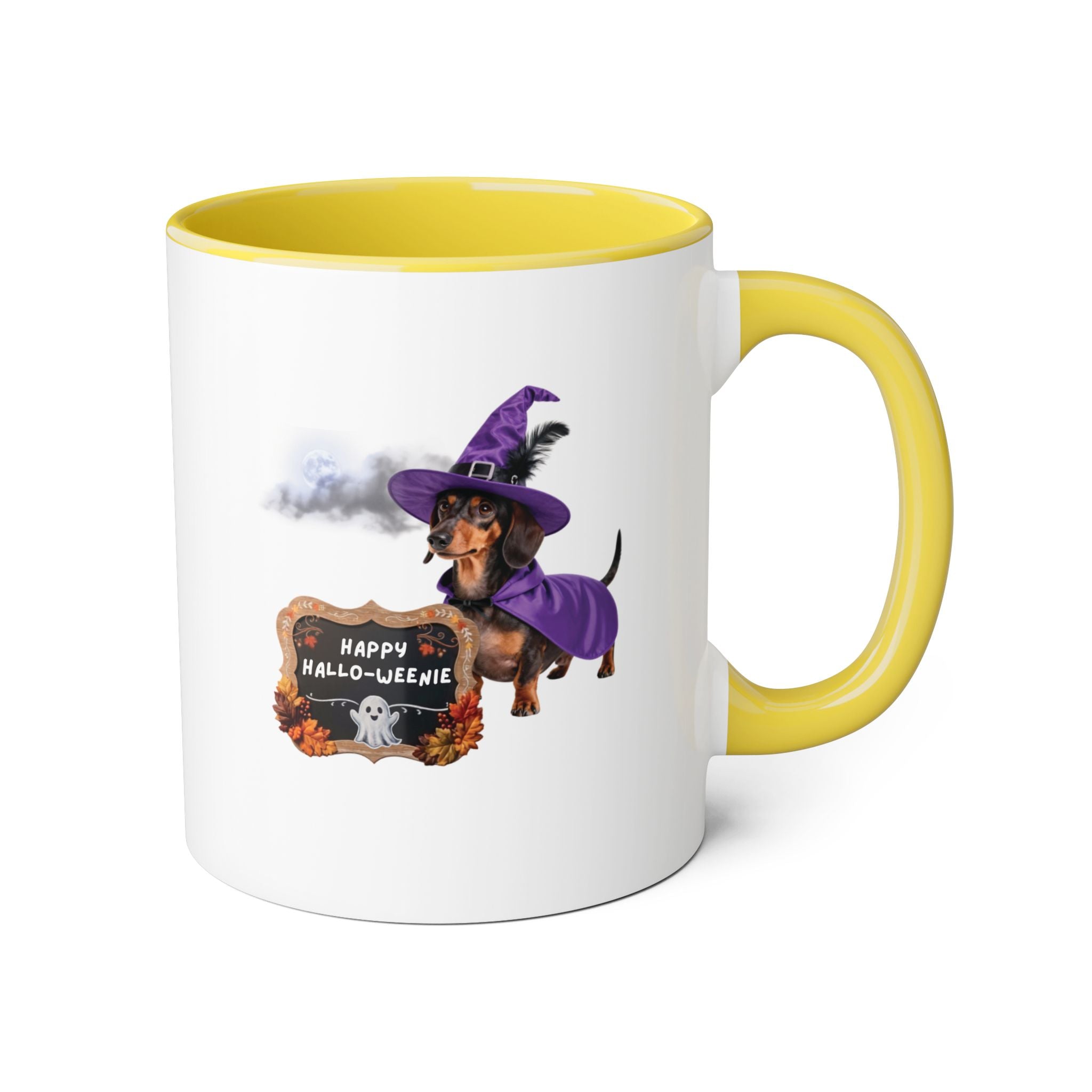 Happy Hallo-Weenie Dachshund Mug — Halloween Witch Dog Accent Coffee Cup, 11oz