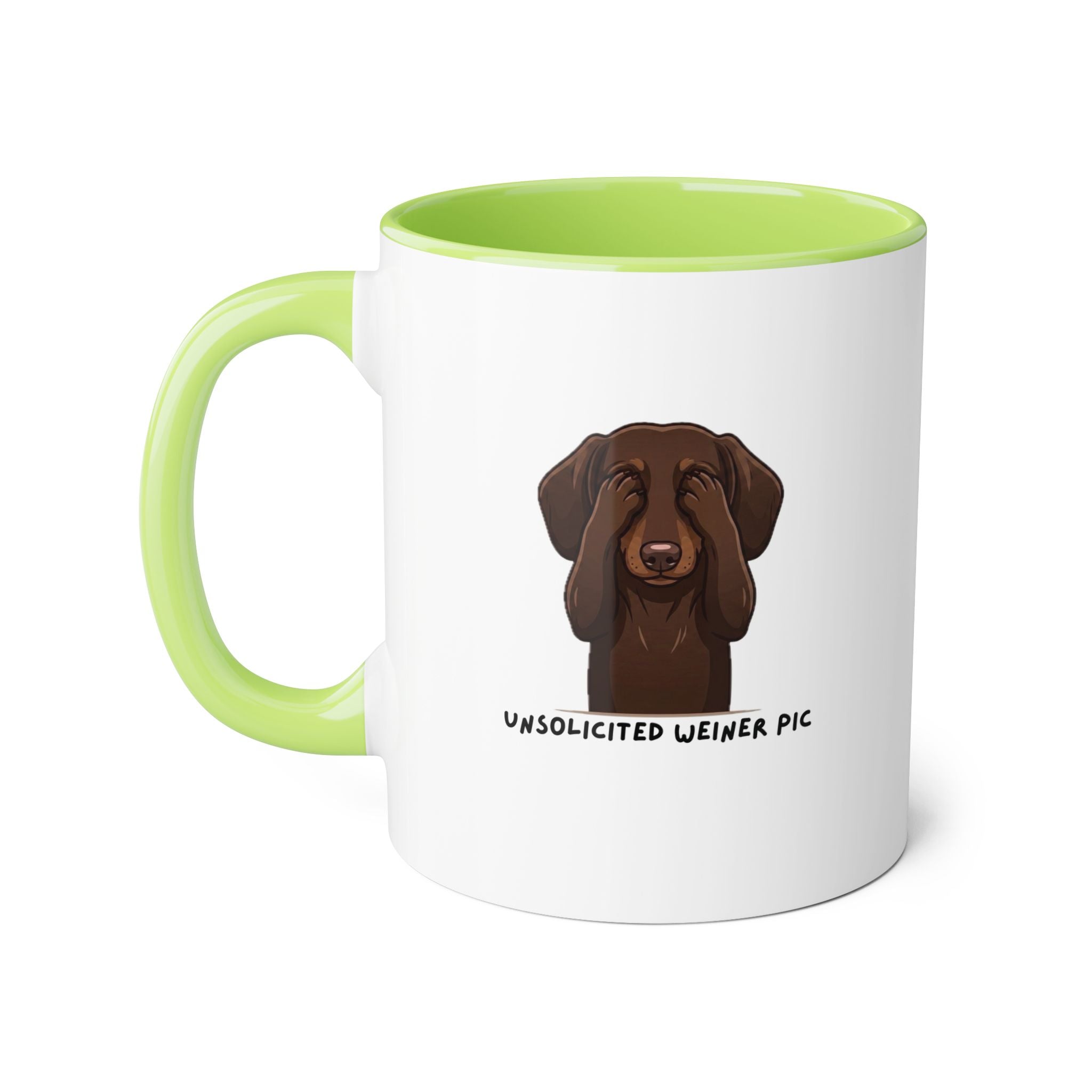 Unsuspecting Wiener Dog Mug — "Unsolicited Weiner Pic" 11oz Accent Coffee Cup