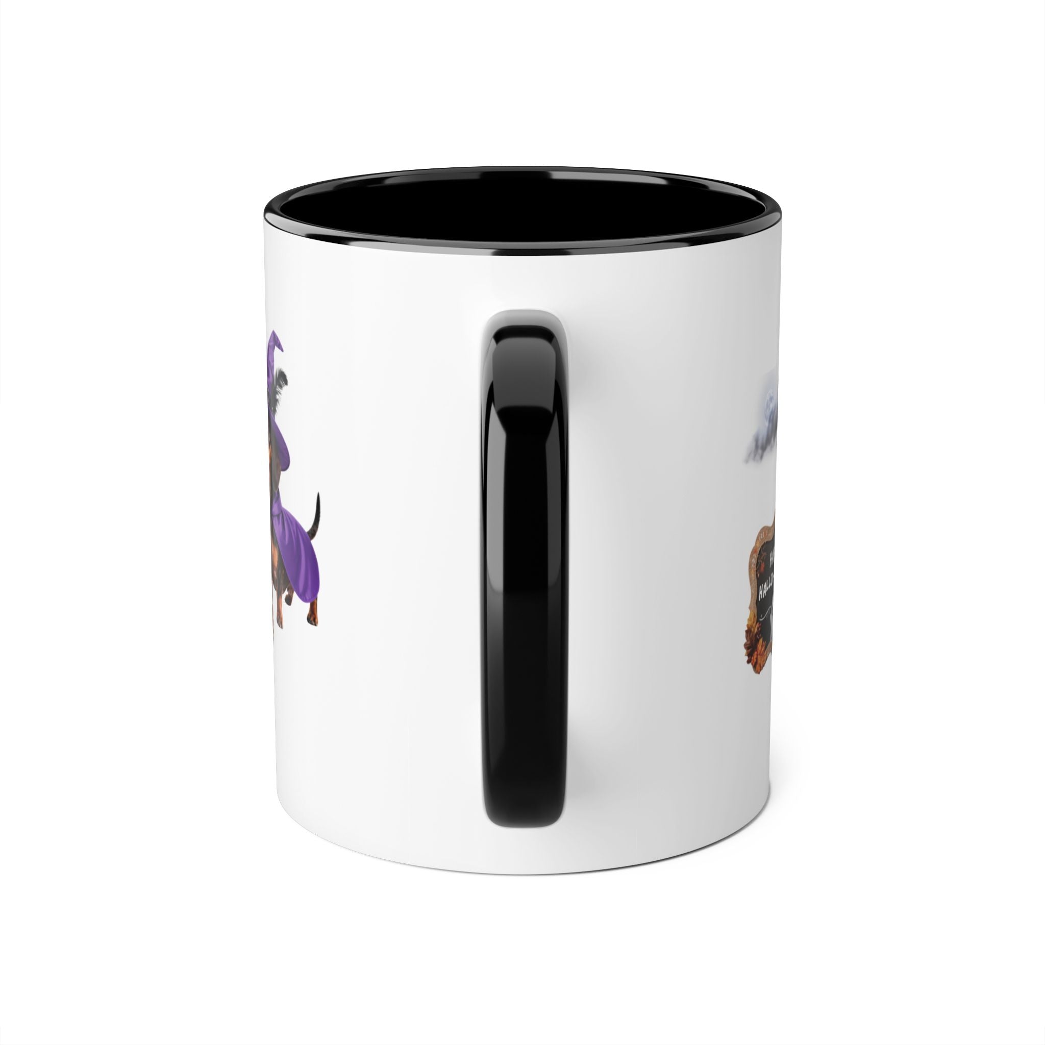 Happy Hallo-Weenie Dachshund Mug — Halloween Witch Dog Accent Coffee Cup, 11oz