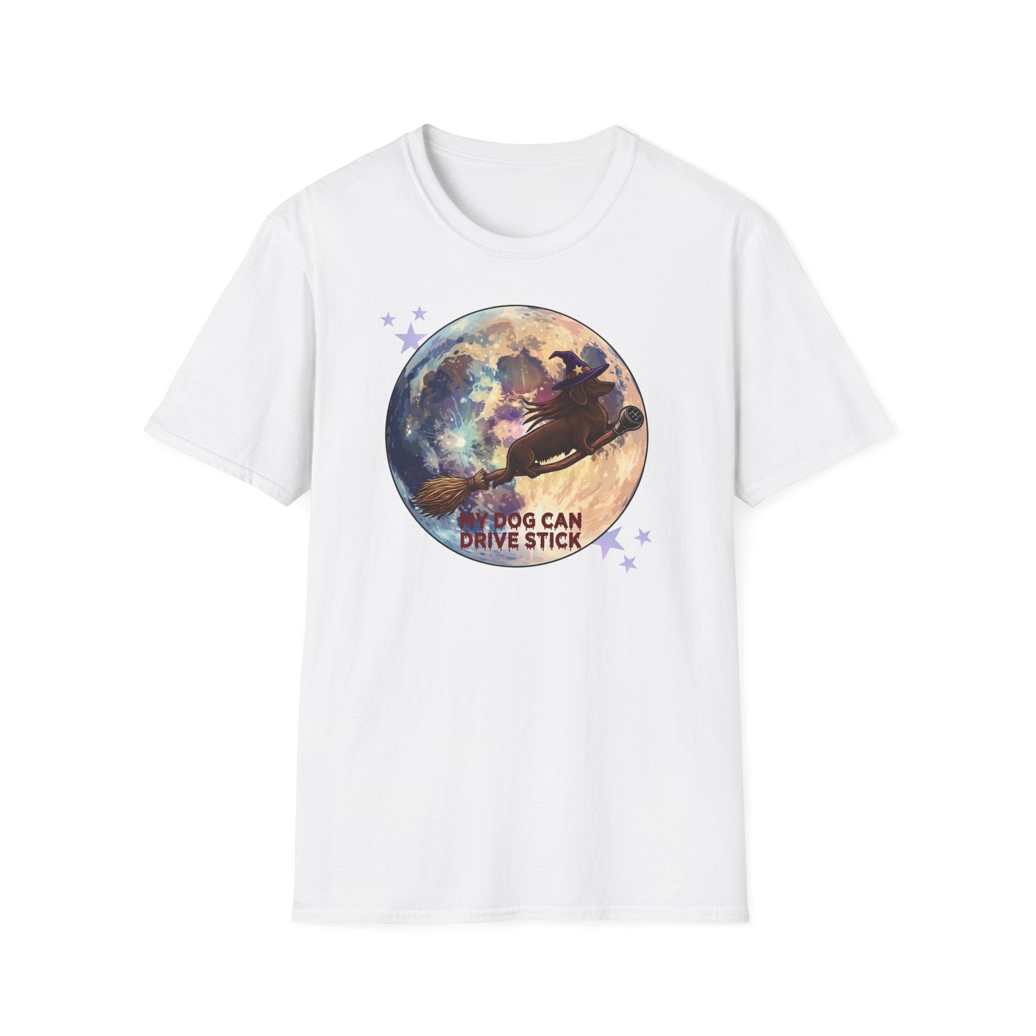 Daschund on Broom Vintage Moon T-Shirt — "My Dog Can Drive Stick"