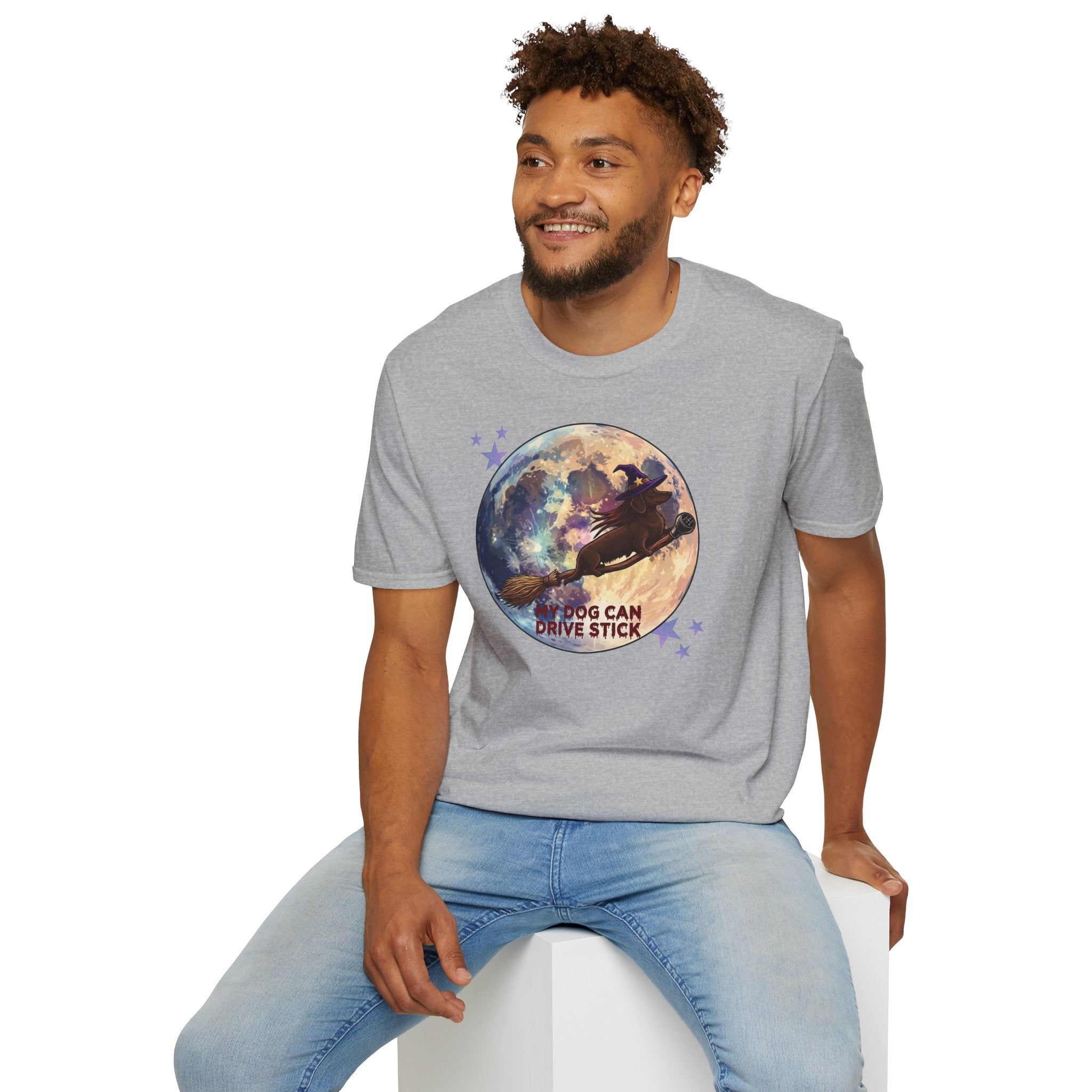 Daschund on Broom Vintage Moon T-Shirt — "My Dog Can Drive Stick"