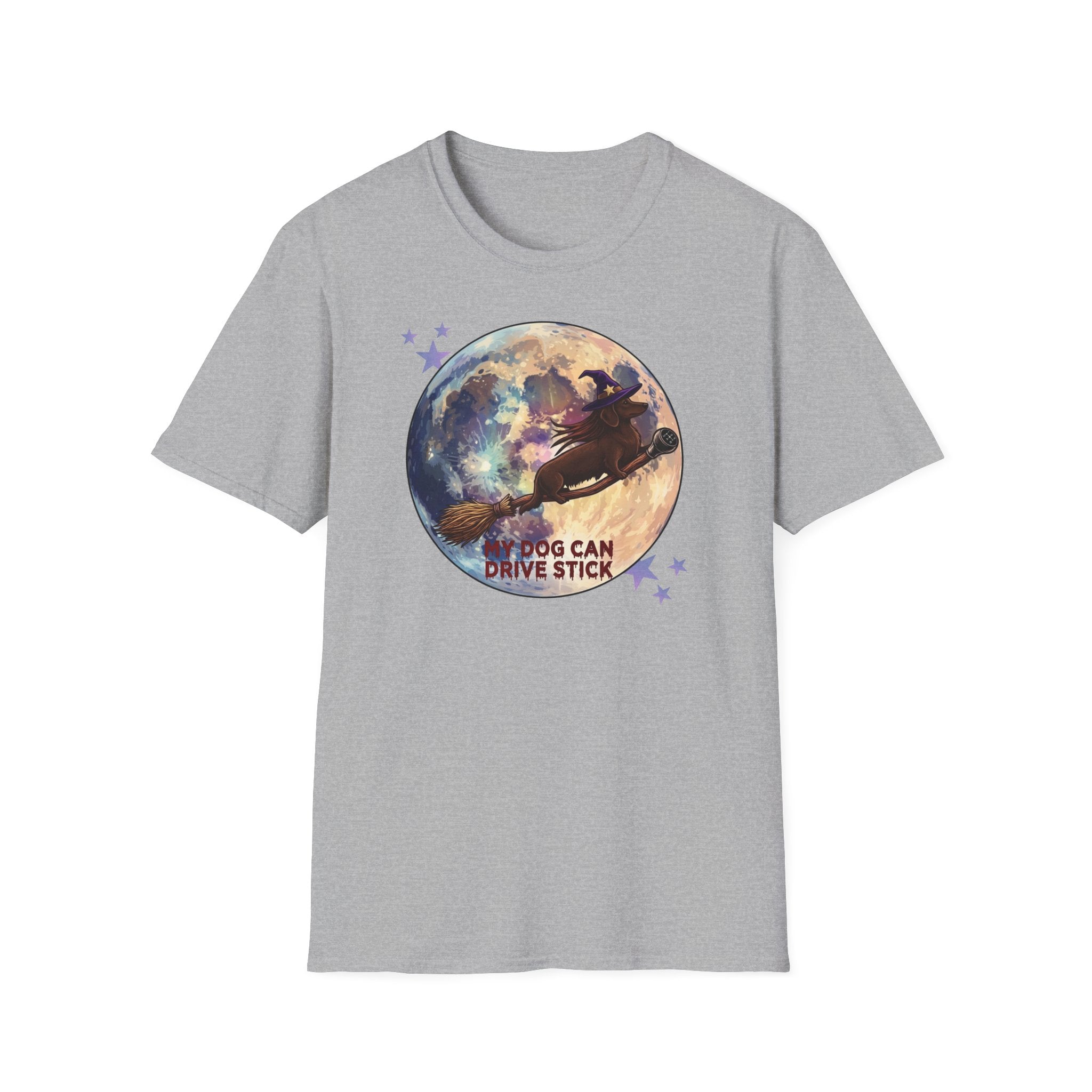 Daschund on Broom Vintage Moon T-Shirt — "My Dog Can Drive Stick"