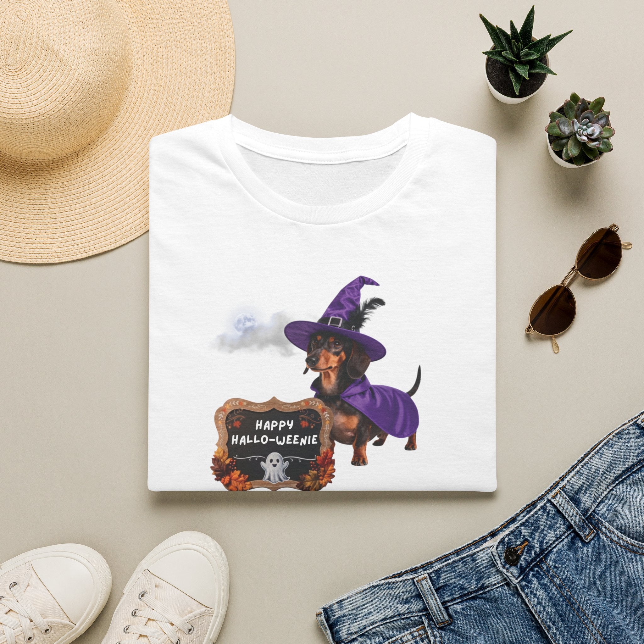 Halloween Dachshund T‑Shirt — "Happy Hallo-weenie" Witch Dog Tee