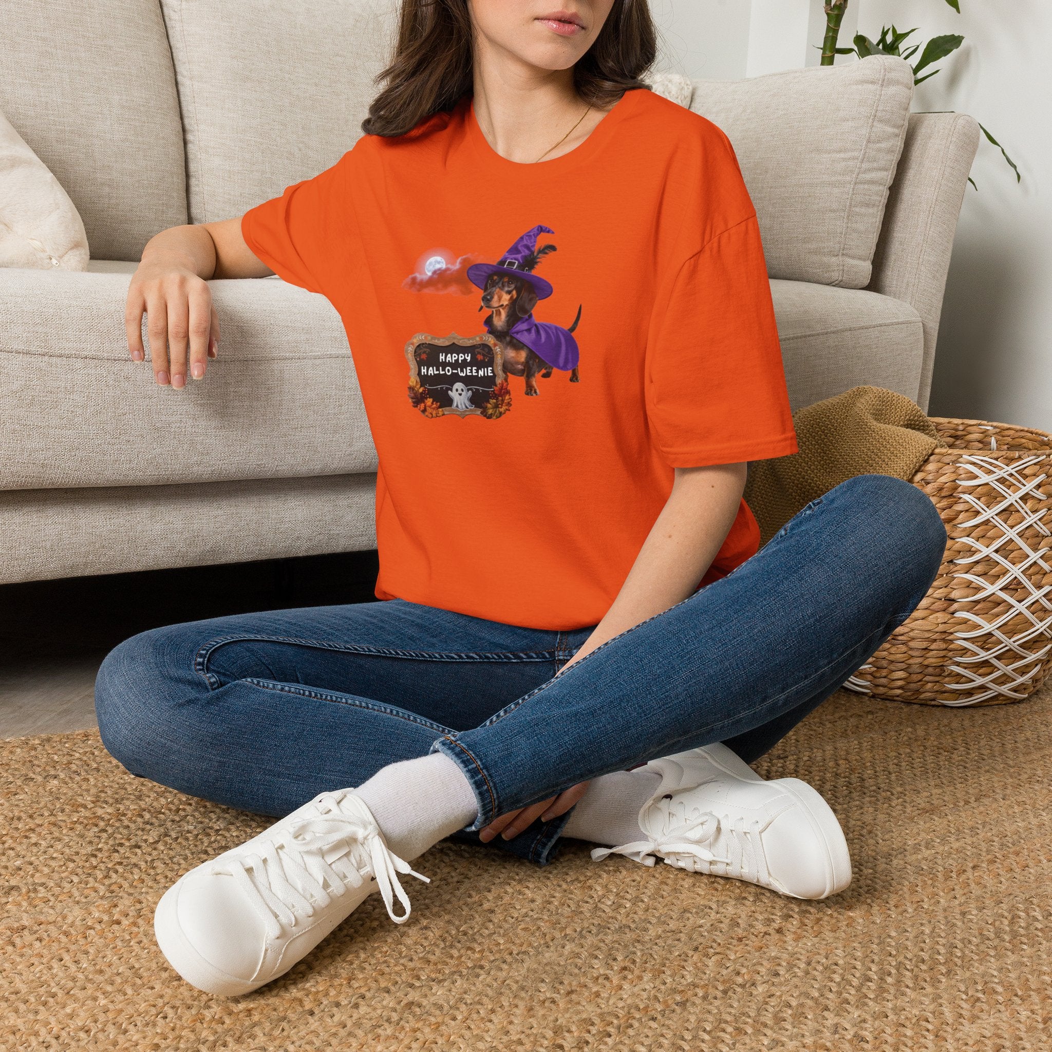 Halloween Dachshund T‑Shirt — "Happy Hallo-weenie" Witch Dog Tee