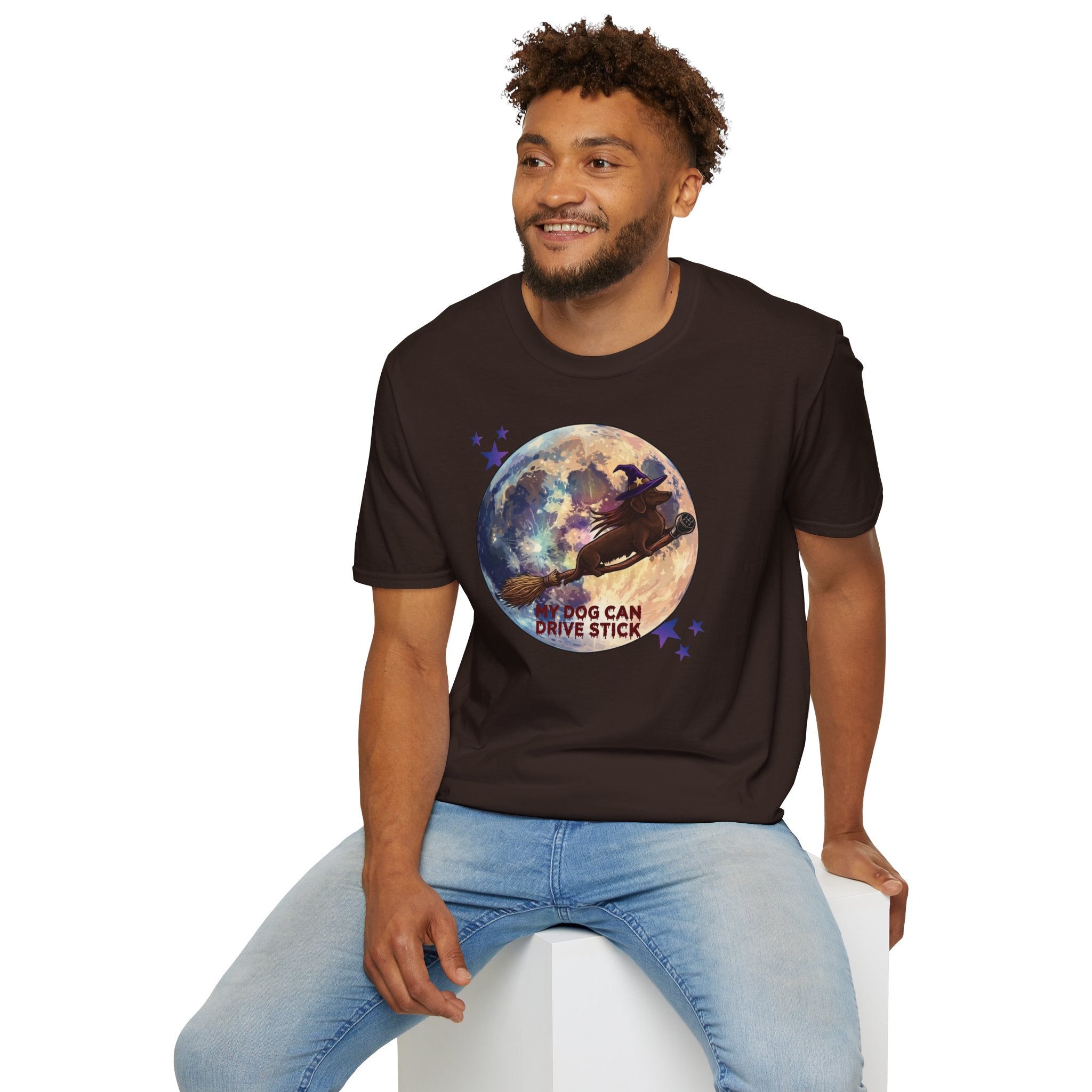 Daschund on Broom Vintage Moon T-Shirt — "My Dog Can Drive Stick"