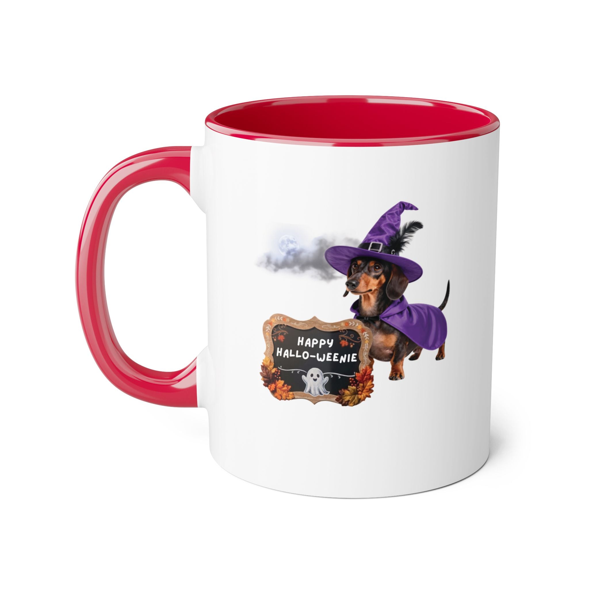 Happy Hallo-Weenie Dachshund Mug — Halloween Witch Dog Accent Coffee Cup, 11oz