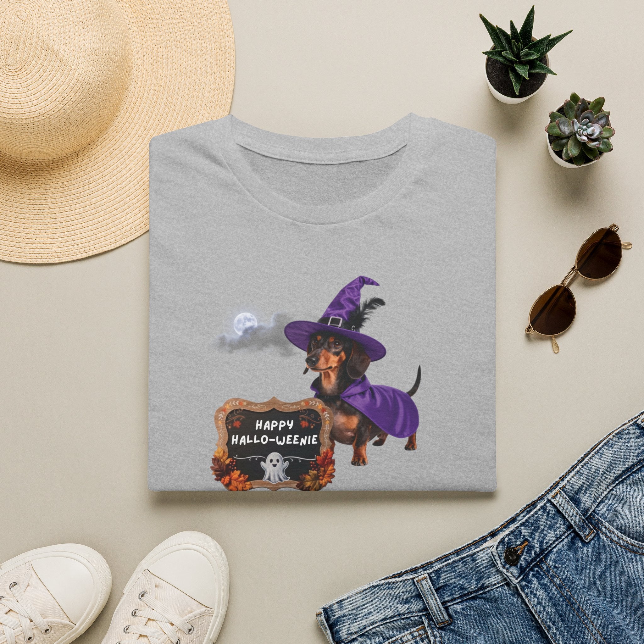 Halloween Dachshund T‑Shirt — "Happy Hallo-weenie" Witch Dog Tee