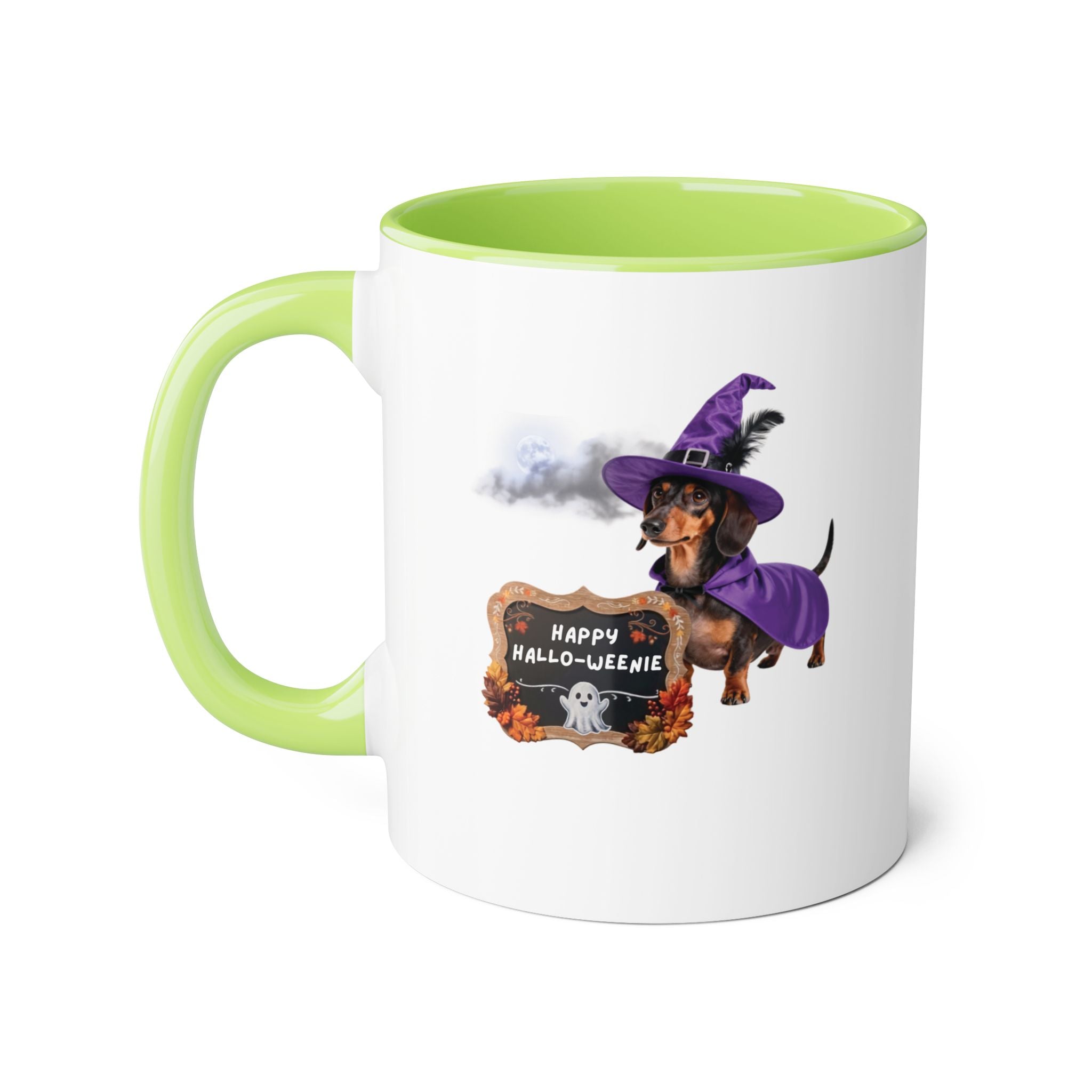 Happy Hallo-Weenie Dachshund Mug — Halloween Witch Dog Accent Coffee Cup, 11oz
