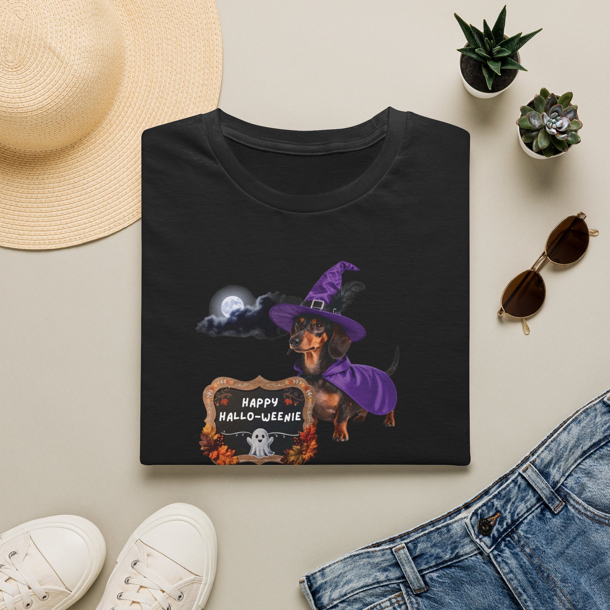 Halloween Dachshund T‑Shirt — "Happy Hallo-weenie" Witch Dog Tee