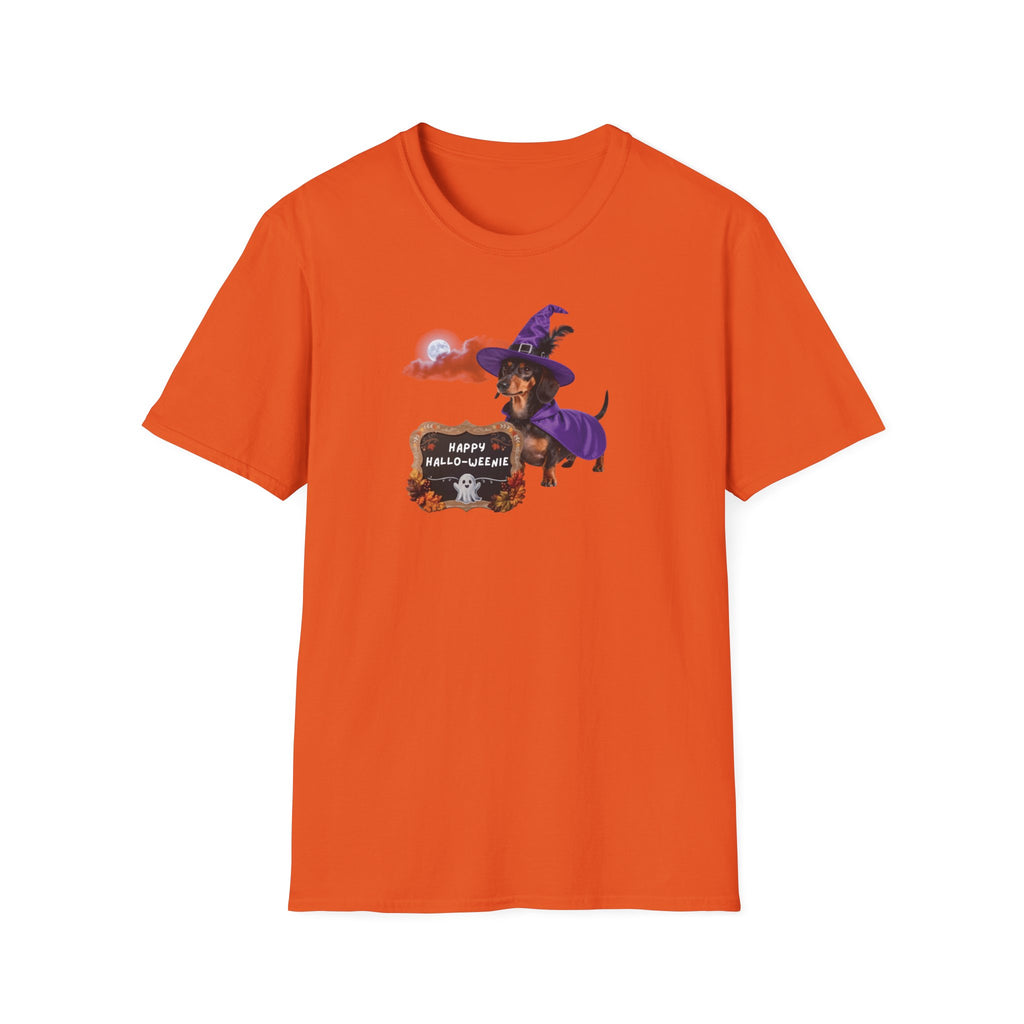 Halloween Dachshund T‑Shirt — "Happy Hallo-weenie" Witch Dog Tee