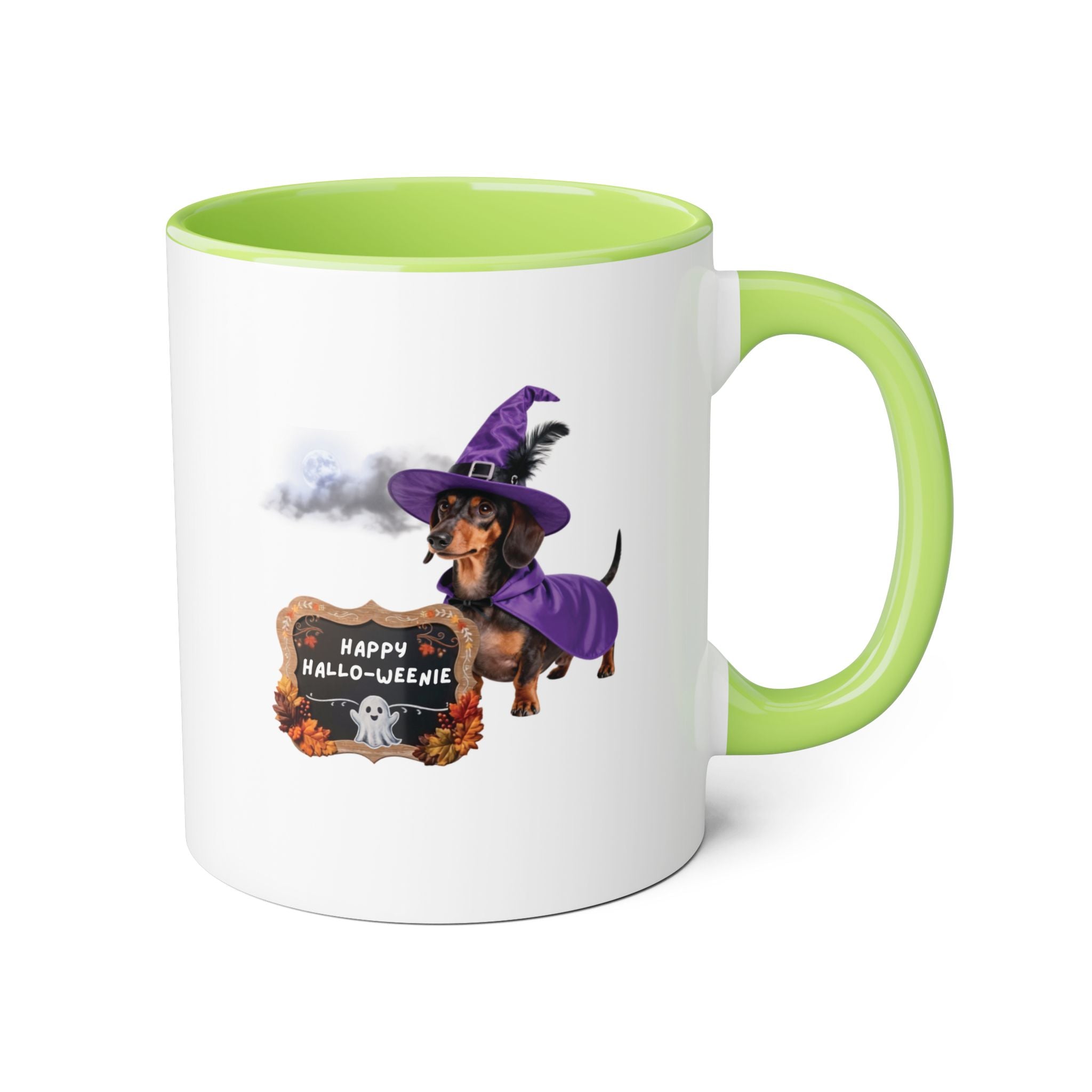Happy Hallo-Weenie Dachshund Mug — Halloween Witch Dog Accent Coffee Cup, 11oz