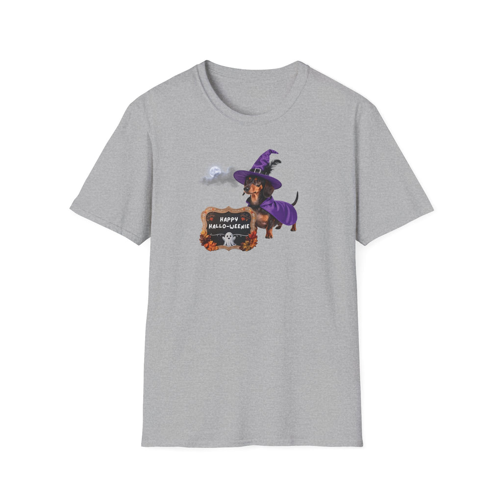Halloween Dachshund T‑Shirt — "Happy Hallo-weenie" Witch Dog Tee